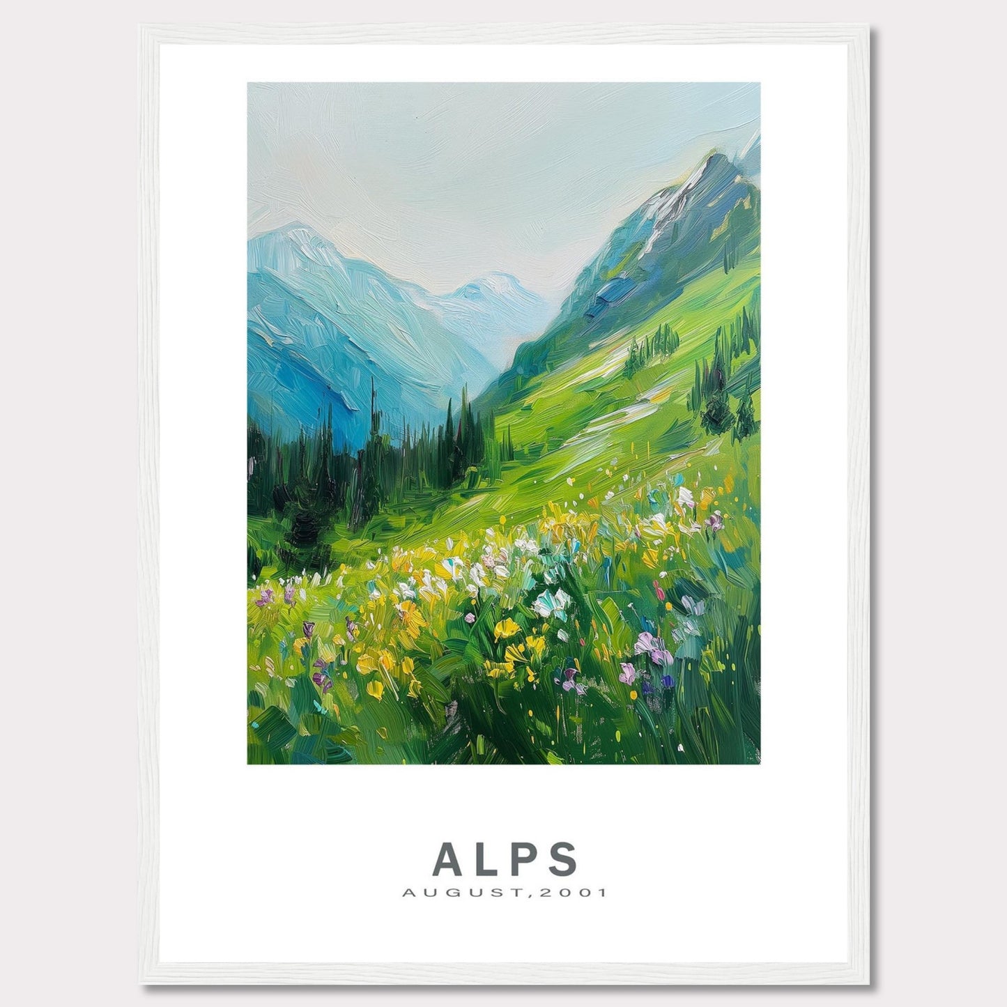 This beautiful framed artwork captures a vibrant and serene landscape of the Alps in August 2001. The painting showcases lush green mountains, colorful wildflowers, and a tranquil sky.