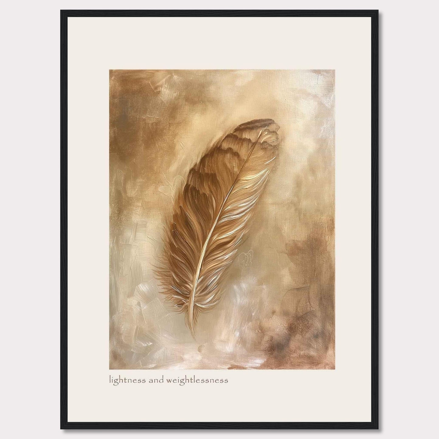 This image showcases a beautifully framed artwork featuring a single feather. The feather is depicted in warm, earthy tones, creating a sense of tranquility and elegance. The background consists of soft, abstract brushstrokes that enhance the delicate nature of the feather. At the bottom of the artwork, the phrase "lightness and weightlessness" is inscribed, adding to the ethereal feel of the piece.