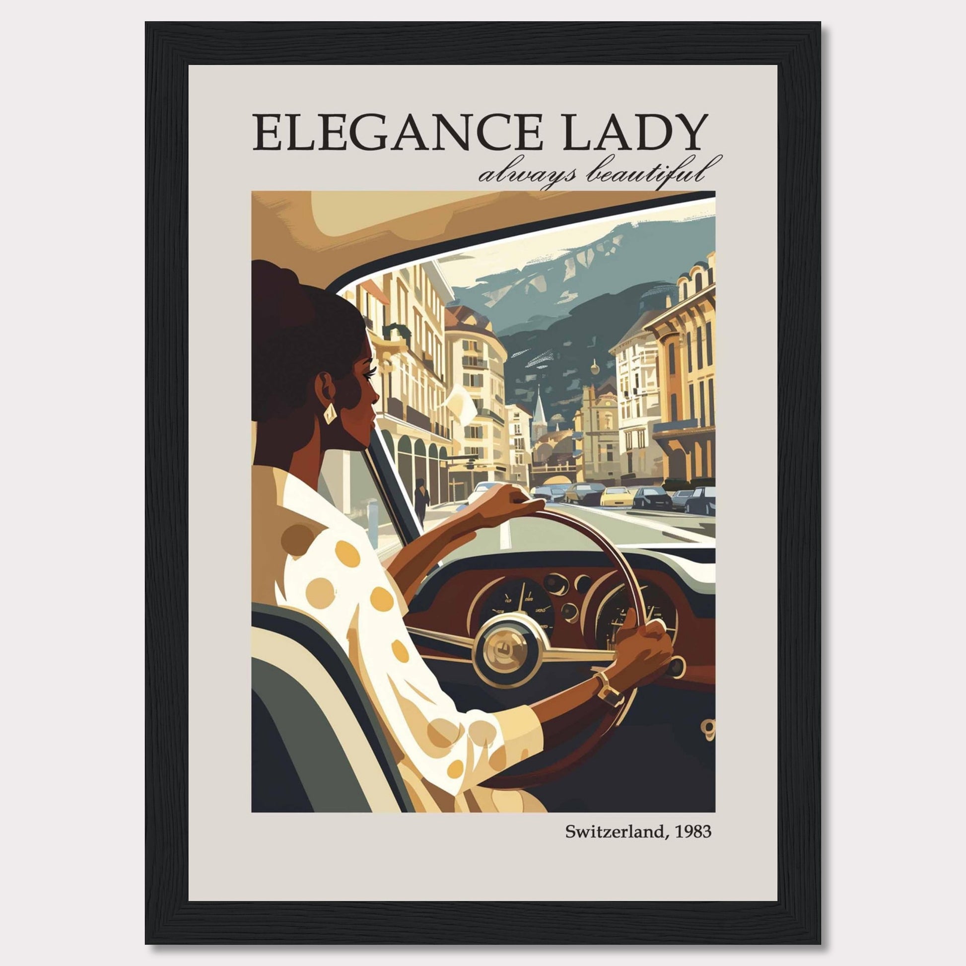 This image depicts a stylish woman driving through a picturesque European city, exuding elegance and confidence.