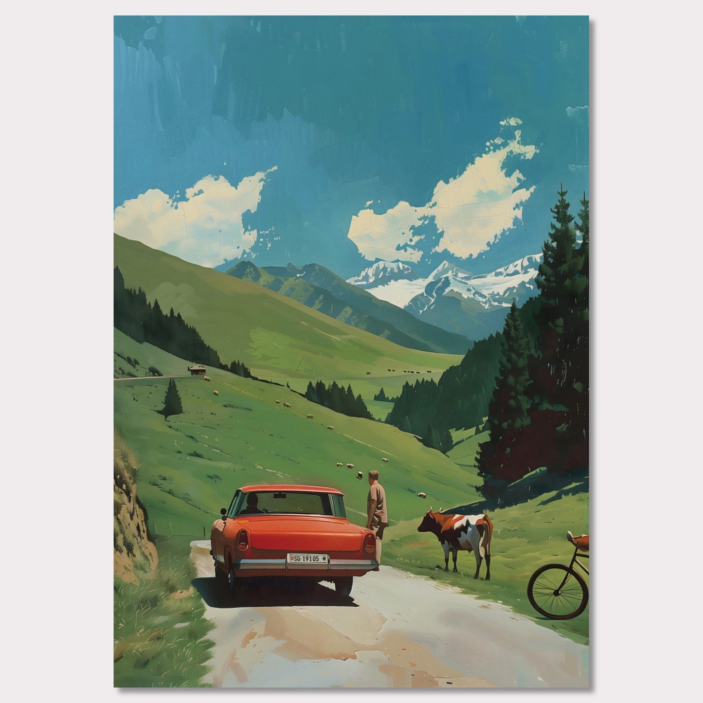 This picture depicts a serene countryside scene with a vibrant red car parked on a narrow road. A person stands beside the car, gazing at a cow that is standing nearby. The lush green hills stretch towards majestic snow-capped mountains under a bright blue sky dotted with fluffy white clouds. A bicycle rests against the tall pine trees, adding to the tranquil rural atmosphere.