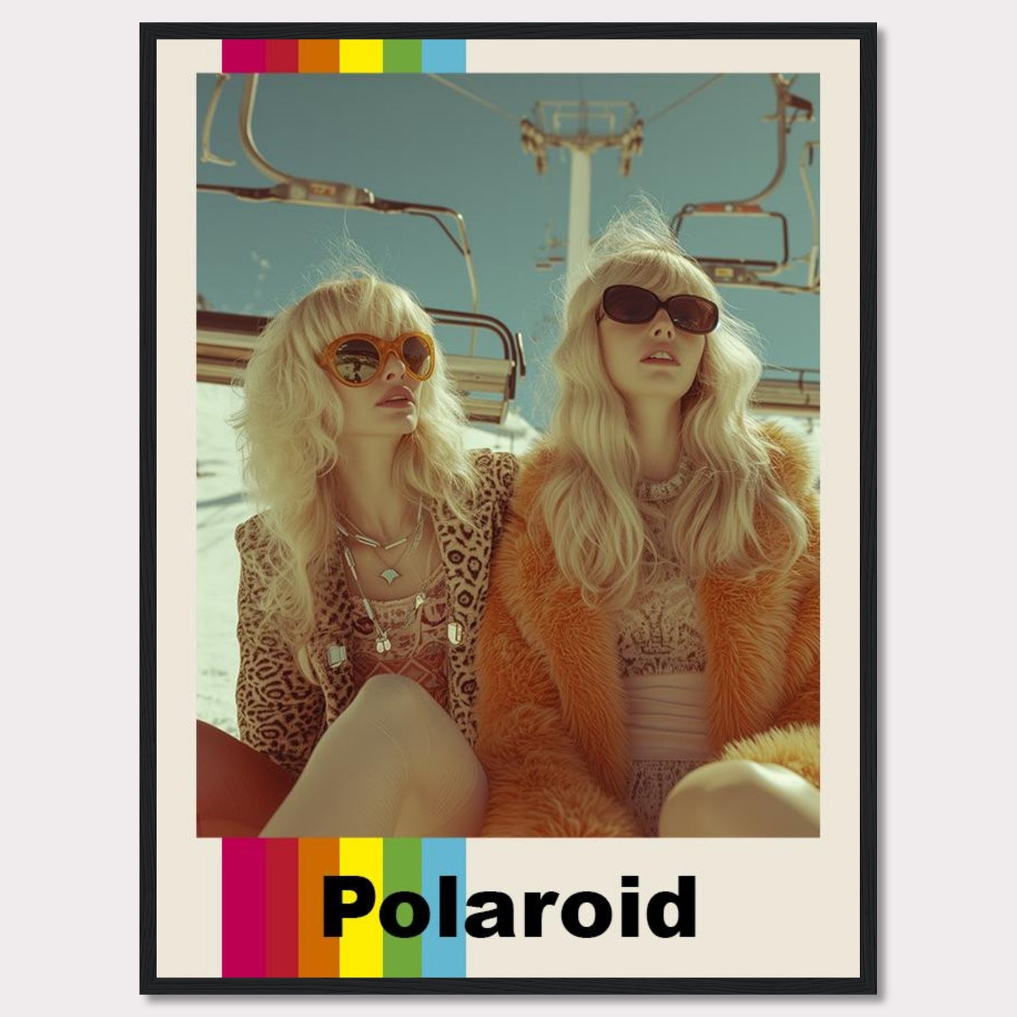 This vibrant Polaroid poster captures two stylish women wearing retro outfits and sunglasses, enjoying a sunny day on a ski lift.