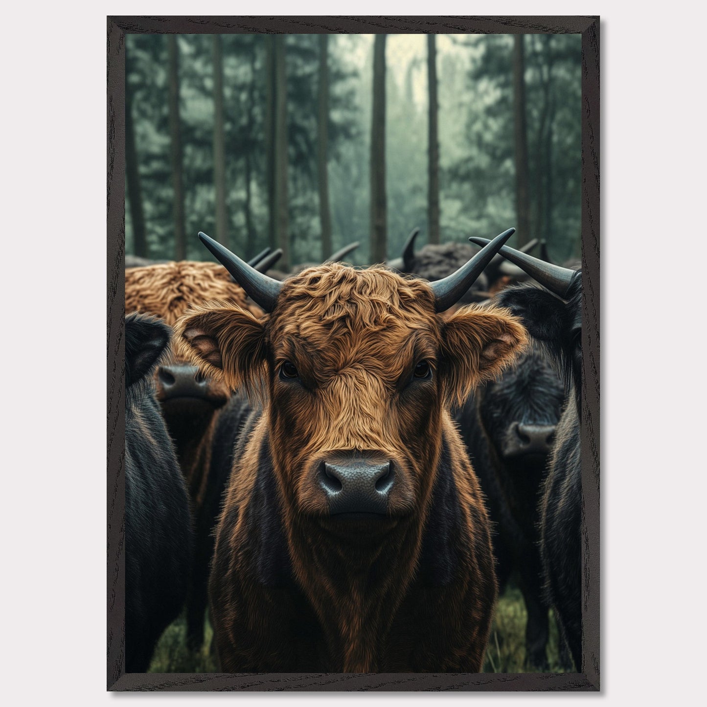 This captivating image features a herd of Highland cattle standing in a misty forest. The central focus is on a brown Highland cow, with its distinctive long horns and shaggy coat, staring directly at the viewer. The background showcases tall trees enveloped in fog, adding a mystical ambiance to the scene.