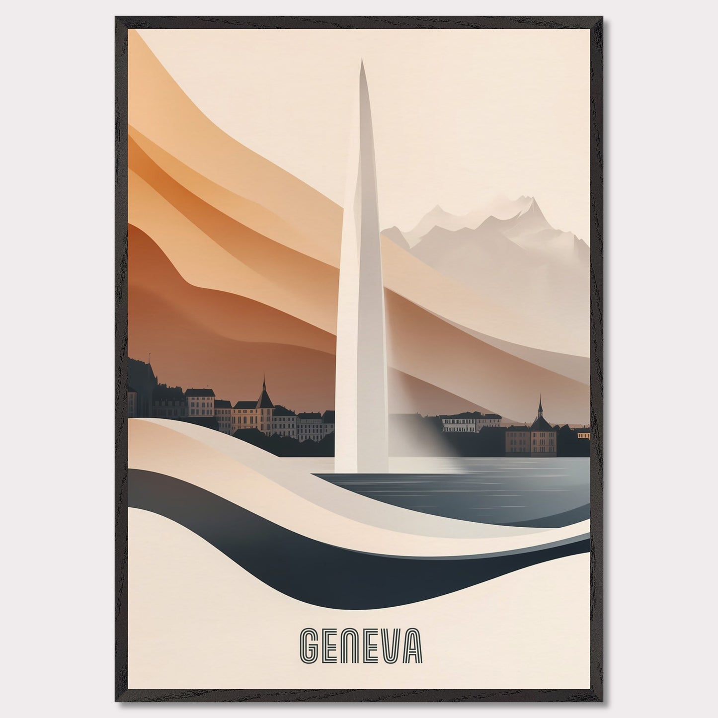 A modern and elegant poster of Geneva’s famous Jet d’Eau fountain, seamlessly blending into the landscape. Smooth curves and warm hues create a sense of fluidity and movement.