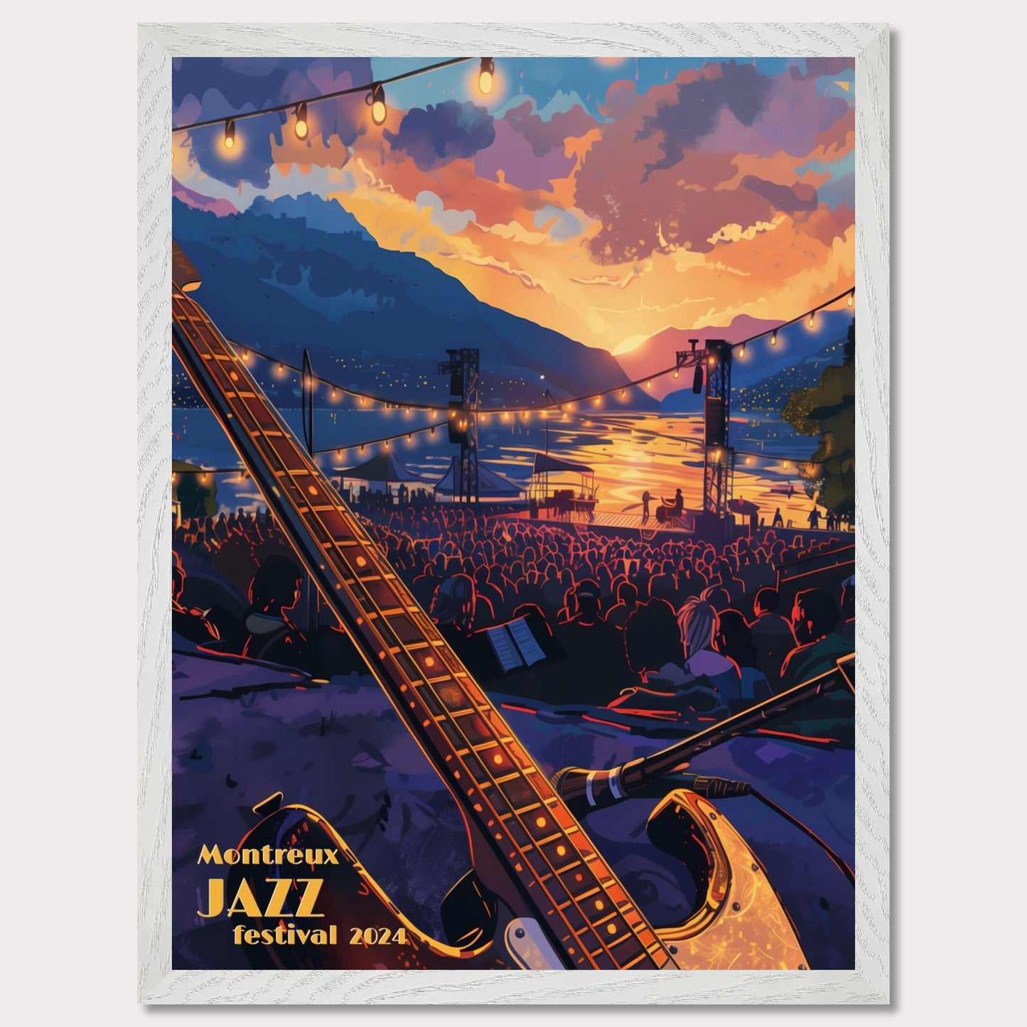 This vibrant poster captures the essence of the Montreux Jazz Festival 2024. Set against a breathtaking sunset over a serene lake, the scene is filled with an audience eagerly awaiting the performance. An electric guitar in the foreground hints at the musical magic to come, while string lights add a festive ambiance.