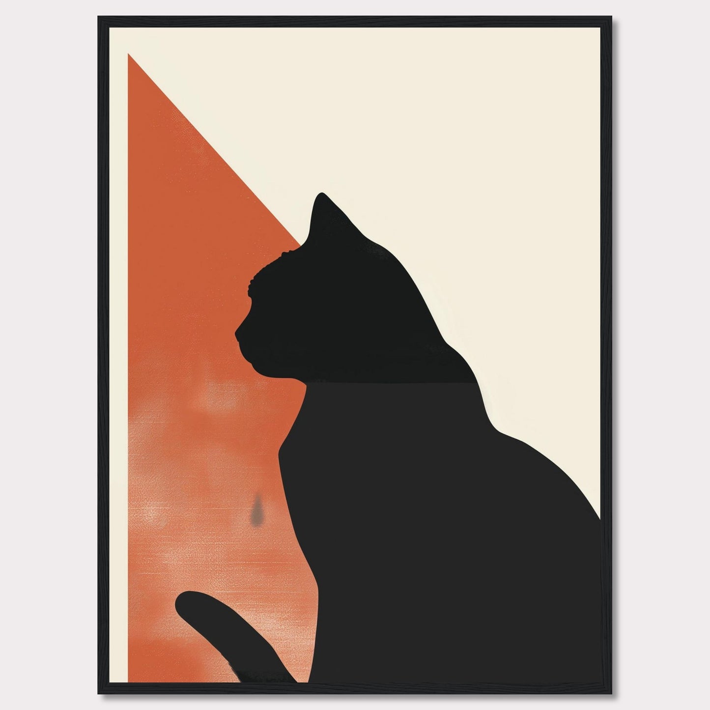 This minimalist art piece features the silhouette of a cat against a backdrop of contrasting colors. The design integrates a bold black cat figure with an orange and cream geometric background, creating a striking visual effect. The simplicity and elegance of this artwork make it a perfect addition to any modern living space.