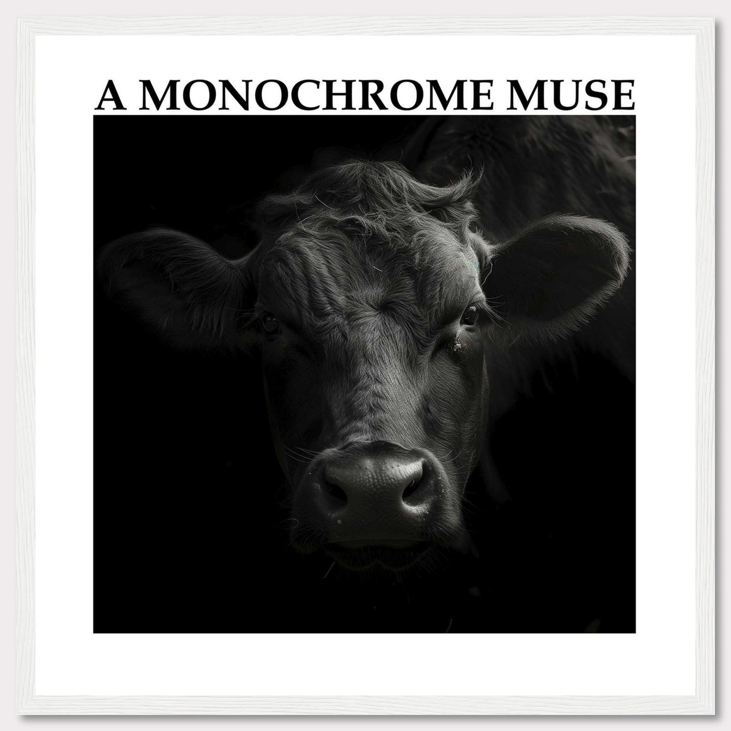 This striking black and white photograph captures the intense gaze of a cow, bringing out its raw beauty and strength. The monochrome effect adds depth and drama to the image, making it a captivating piece of art.