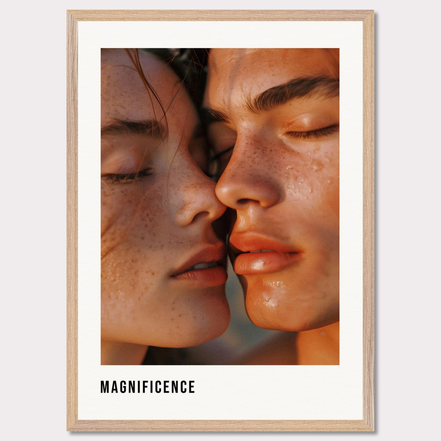 This illustration shows a close-up of two individuals with their faces intimately close, highlighting their freckles and closed eyes.

This poster will fit well in a modern living room, bedroom, or art studio, adding a touch of elegance and intimacy to the space.