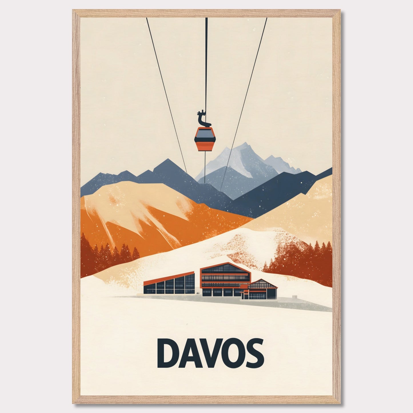 A stunning visual of a winter resort in Davos, nestled among snow-covered mountains. A cable car ascends above, symbolizing the excitement of skiing and high-altitude adventures.