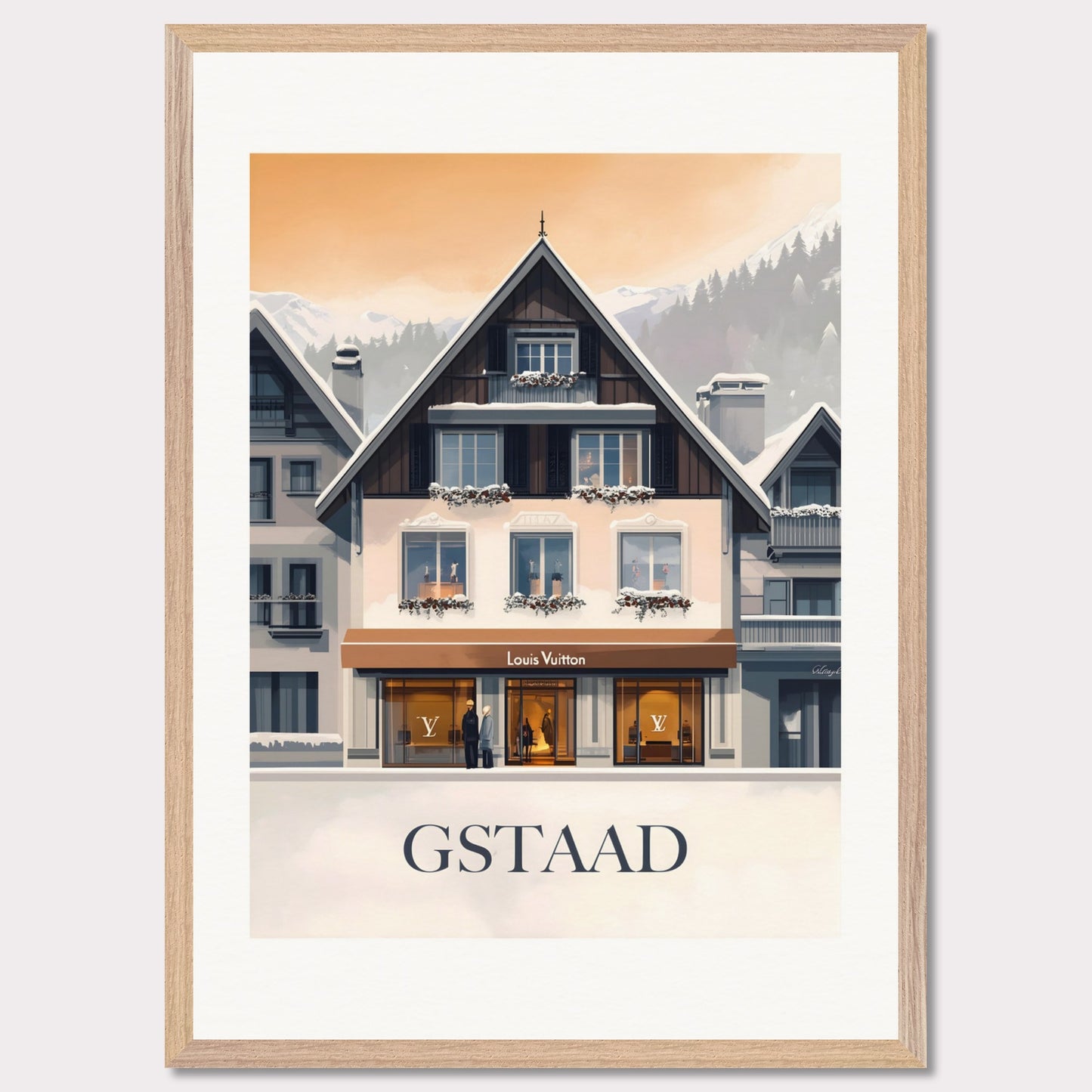 A chic and stylish poster showcasing a luxury boutique in Gstaad, framed by elegant alpine architecture. The blend of modern sophistication and traditional Swiss charm creates a timeless appeal.