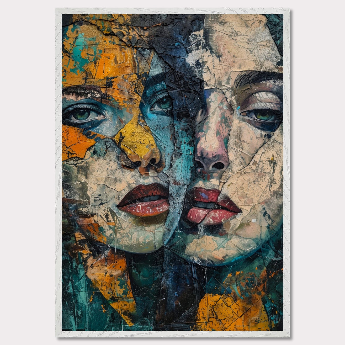 This captivating artwork features two intertwined, abstract faces with a rich blend of colors and textures. The painting exudes a sense of mystery and depth, drawing the viewer into its intricate details.