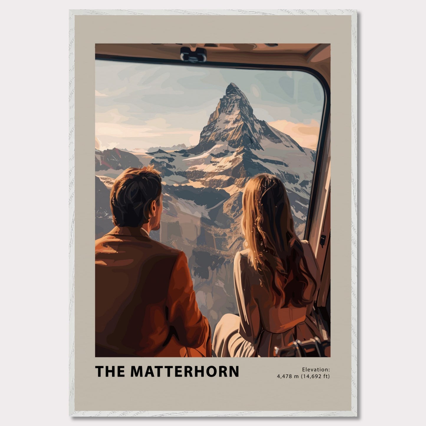 This image showcases a stunning view of the Matterhorn, with two individuals gazing at the majestic mountain from a window. The scene captures the awe-inspiring beauty of the snow-capped peak under a serene sky.