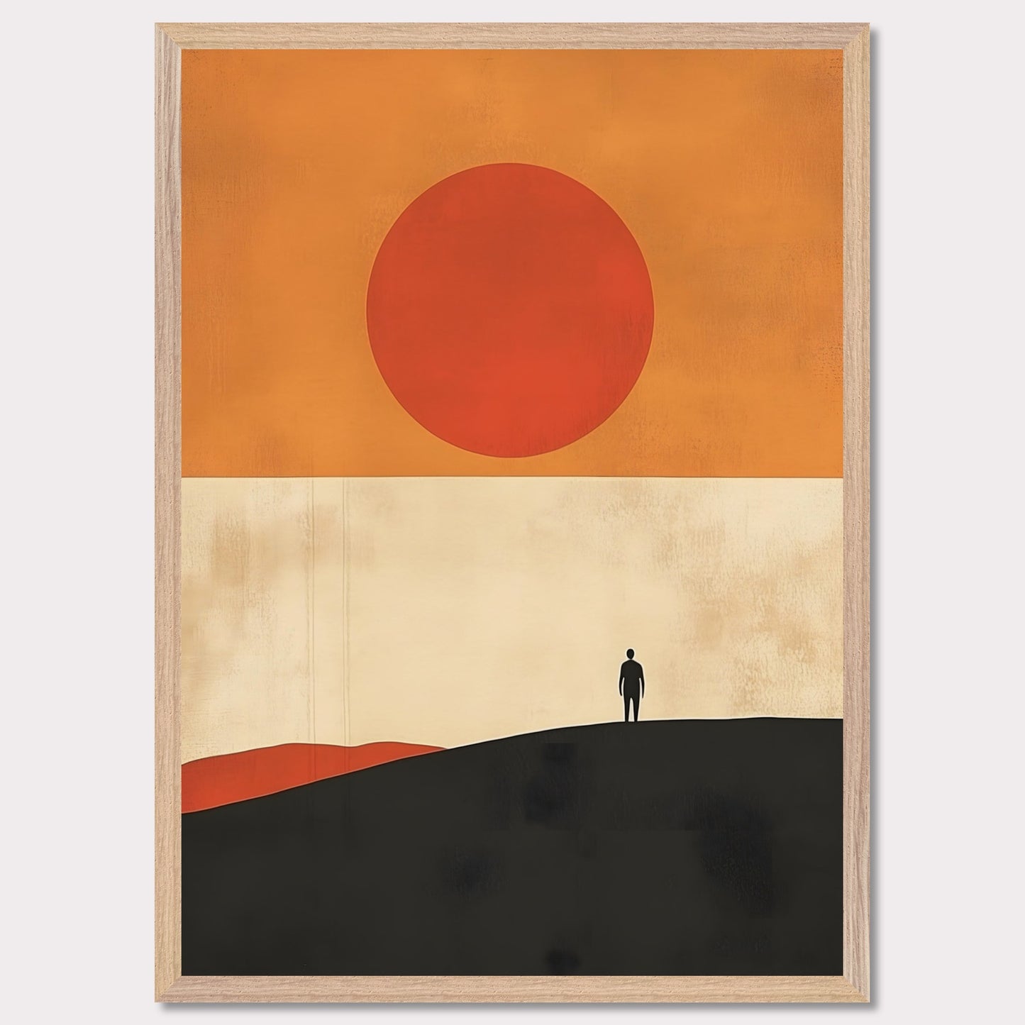 A striking minimalist artwork that conveys a sense of isolation and reflection. A lone figure stands on a hill under an oversized sun, evoking themes of wanderlust, contemplation, and the vastness of the world. The warm tones and simple composition give it a timeless, meditative feel.