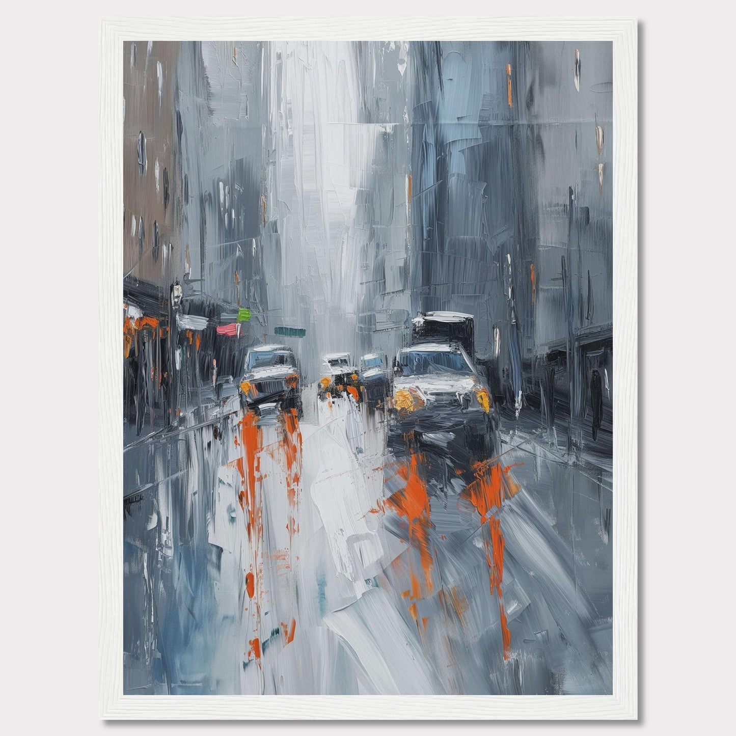 This captivating painting portrays a rainy city street with cars and buildings enveloped in a misty atmosphere. The artist uses bold brushstrokes and a muted color palette with pops of orange to depict the bustling urban scene.