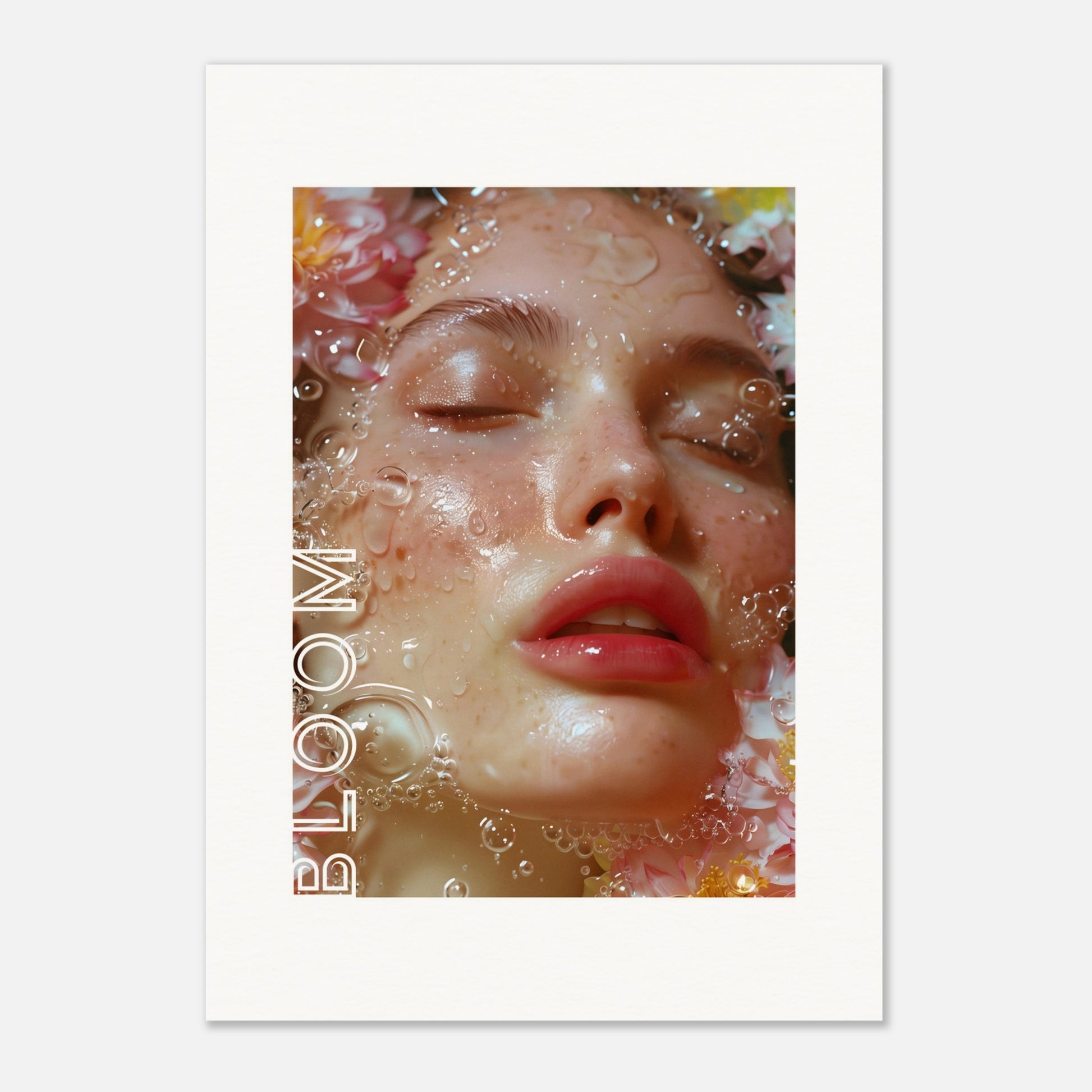 This illustration features a close-up of a serene face with closed eyes, surrounded by water droplets and flowers. The word "BLOOM" is prominently displayed along the left side.

Where this poster will fit: This poster would be ideal for a bedroom, living room, or beauty salon.