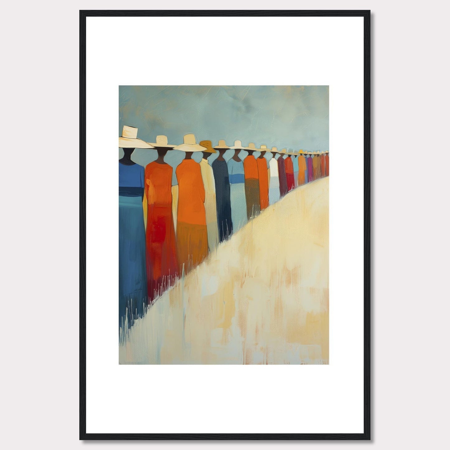 This artwork features a line of abstract figures wearing wide-brimmed hats, standing against a serene backdrop. The figures are dressed in vibrant colors, predominantly orange, blue, and white. The painting exudes a sense of unity and calmness.