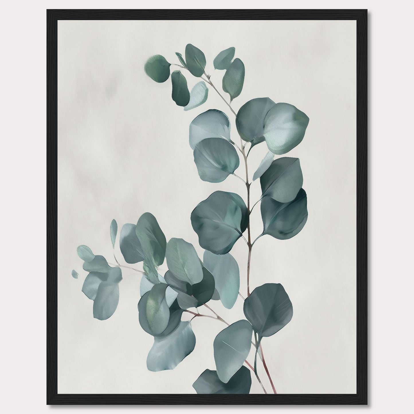 This image showcases a minimalist botanical artwork featuring eucalyptus leaves. The leaves are painted in soft, muted green tones against a light background, creating a serene and calming effect.