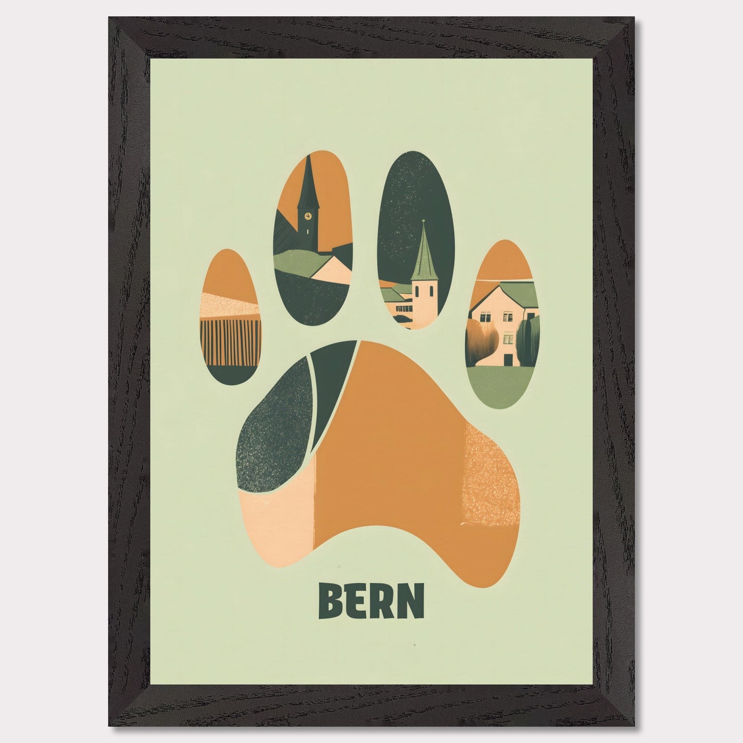 This unique poster blends the charm of Bern’s architecture with the city’s symbolic bear in an abstract, paw-print design. The warm earth tones and clean lines create a harmonious balance between modern minimalism and historical elements.