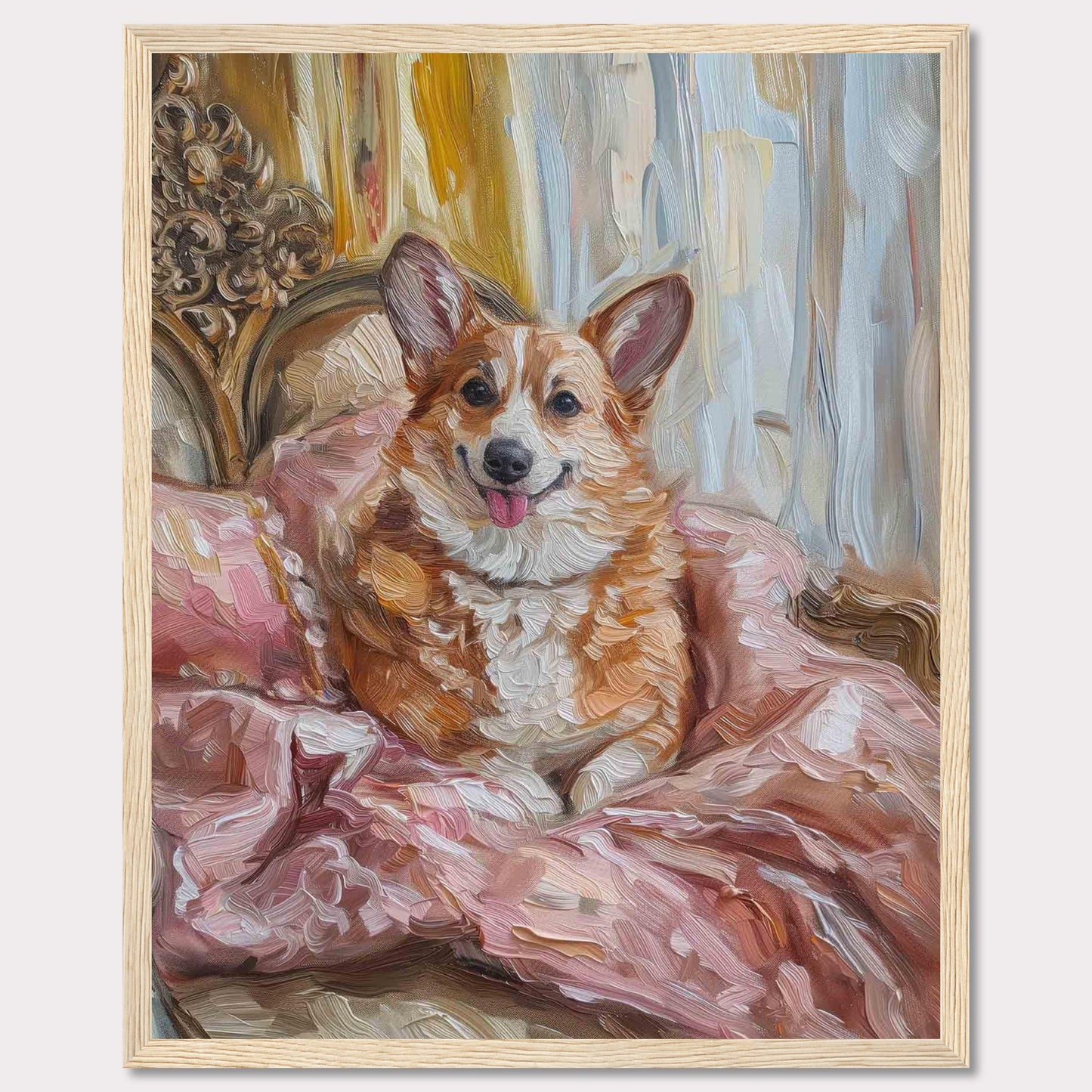 This charming painting captures a joyful corgi nestled in luxurious pink bedding, exuding warmth and happiness. The background features elegant drapery and ornate furniture, adding a touch of sophistication to the scene.