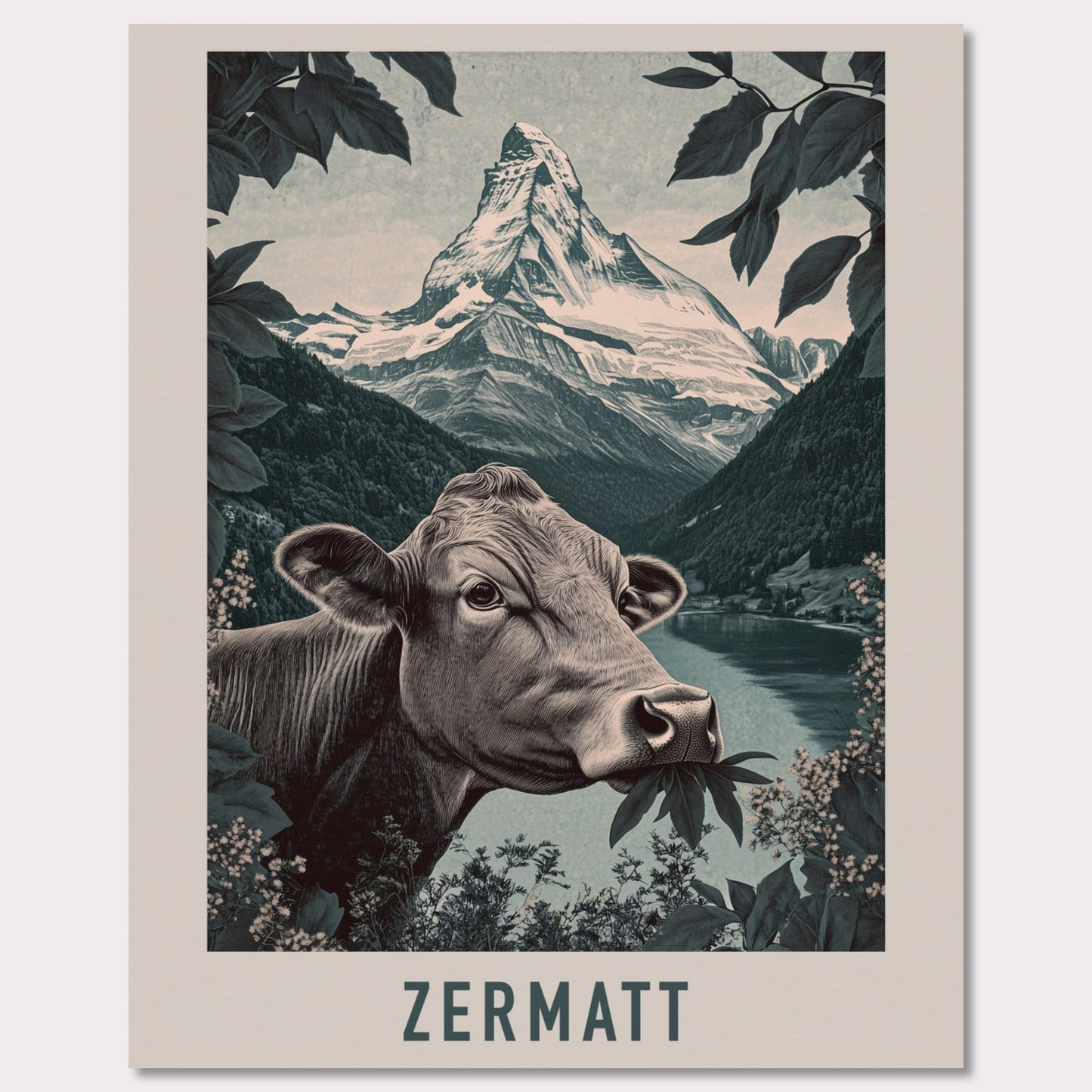 This minimalist yet striking poster captures the essence of Zermatt's natural charm through its bold composition and vintage-inspired design. At the heart of the image is a curious cow enjoying alpine foliage, framed by lush greenery, with the iconic Matterhorn towering in the background. The muted color palette enhances the timeless appeal, blending a sense of serenity and rustic life.