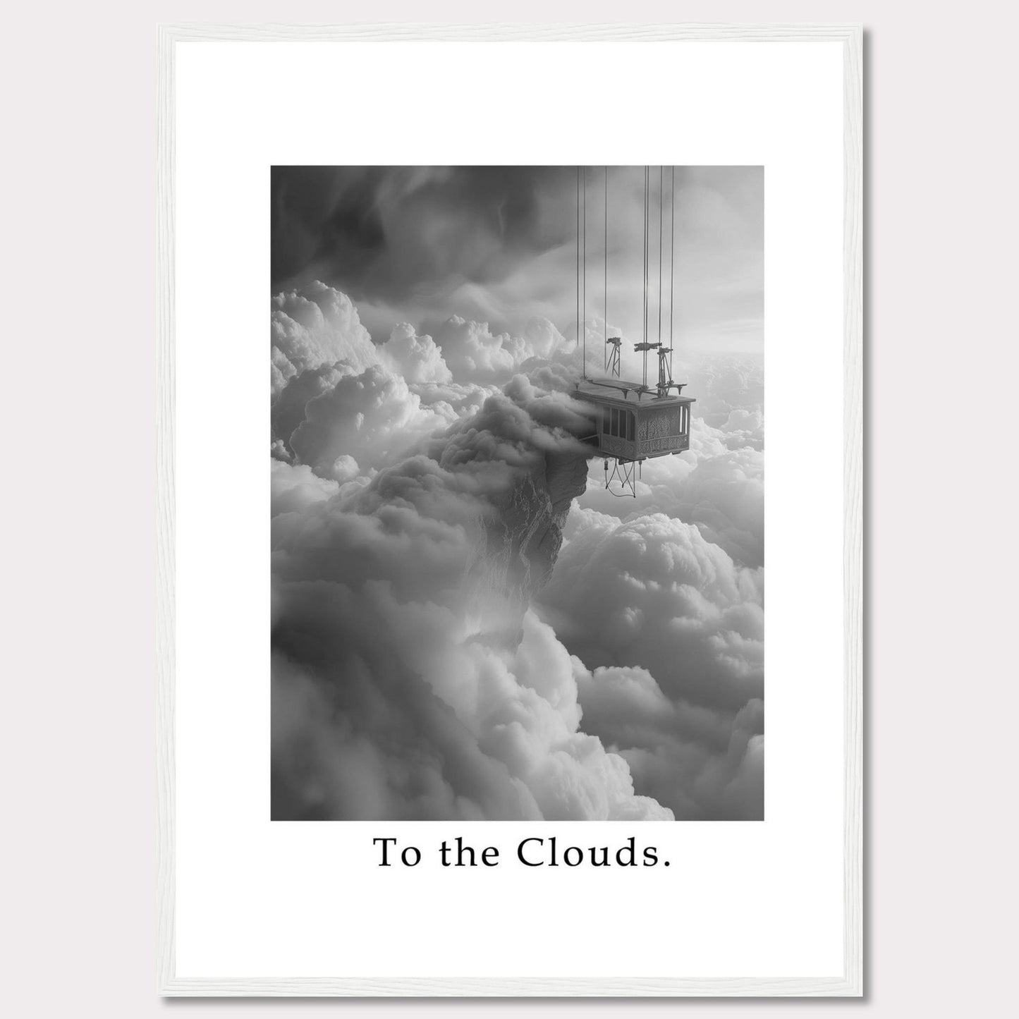 This captivating black and white artwork features a surreal scene of a house suspended high above the clouds, connected by cables. The image evokes a sense of wonder and adventure.