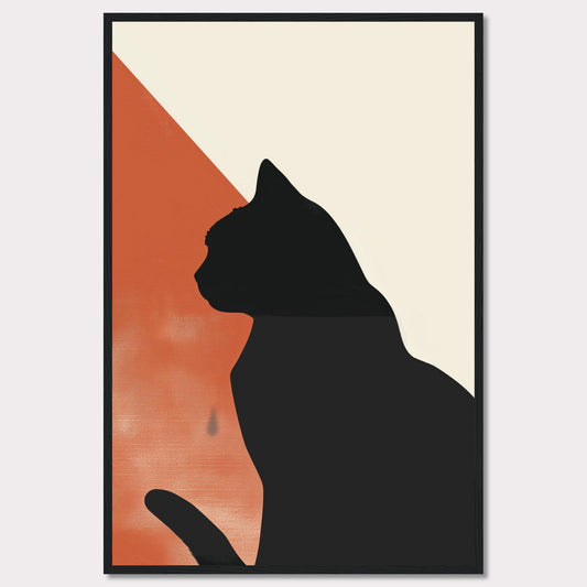 This minimalist art piece features the silhouette of a cat against a backdrop of contrasting colors. The design integrates a bold black cat figure with an orange and cream geometric background, creating a striking visual effect. The simplicity and elegance of this artwork make it a perfect addition to any modern living space.