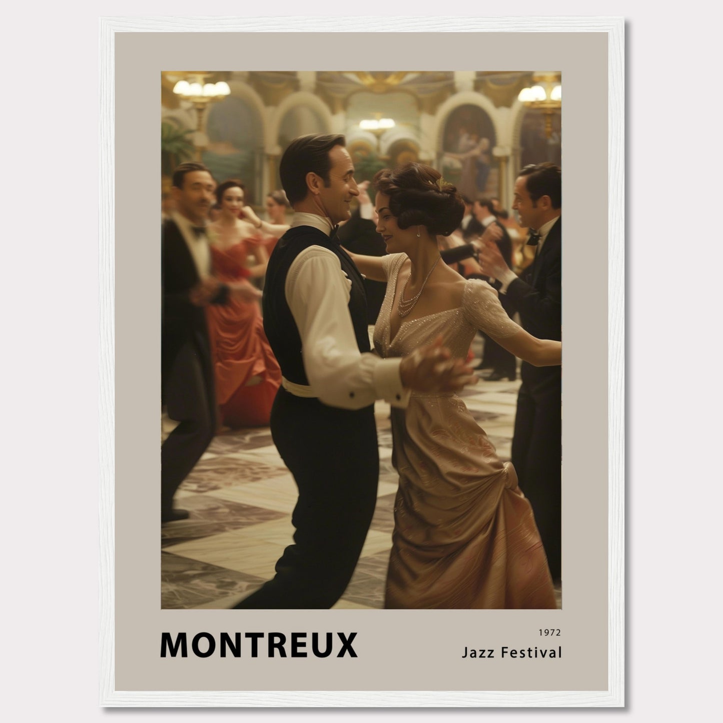 This elegant poster captures a moment of grace and sophistication at the Montreux Jazz Festival in 1972. A couple is seen dancing in a grand ballroom, surrounded by other elegantly dressed attendees. The atmosphere is vibrant and full of life, evoking the charm and allure of a bygone era.