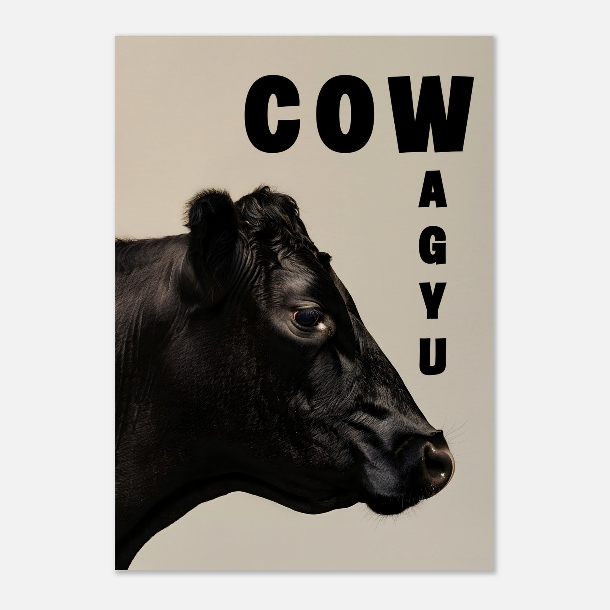 This image features a close-up profile of a black cow against a neutral background. The word "COW" is prominently displayed in bold black letters at the top, while the word "WAGYU" is arranged vertically on the right side.