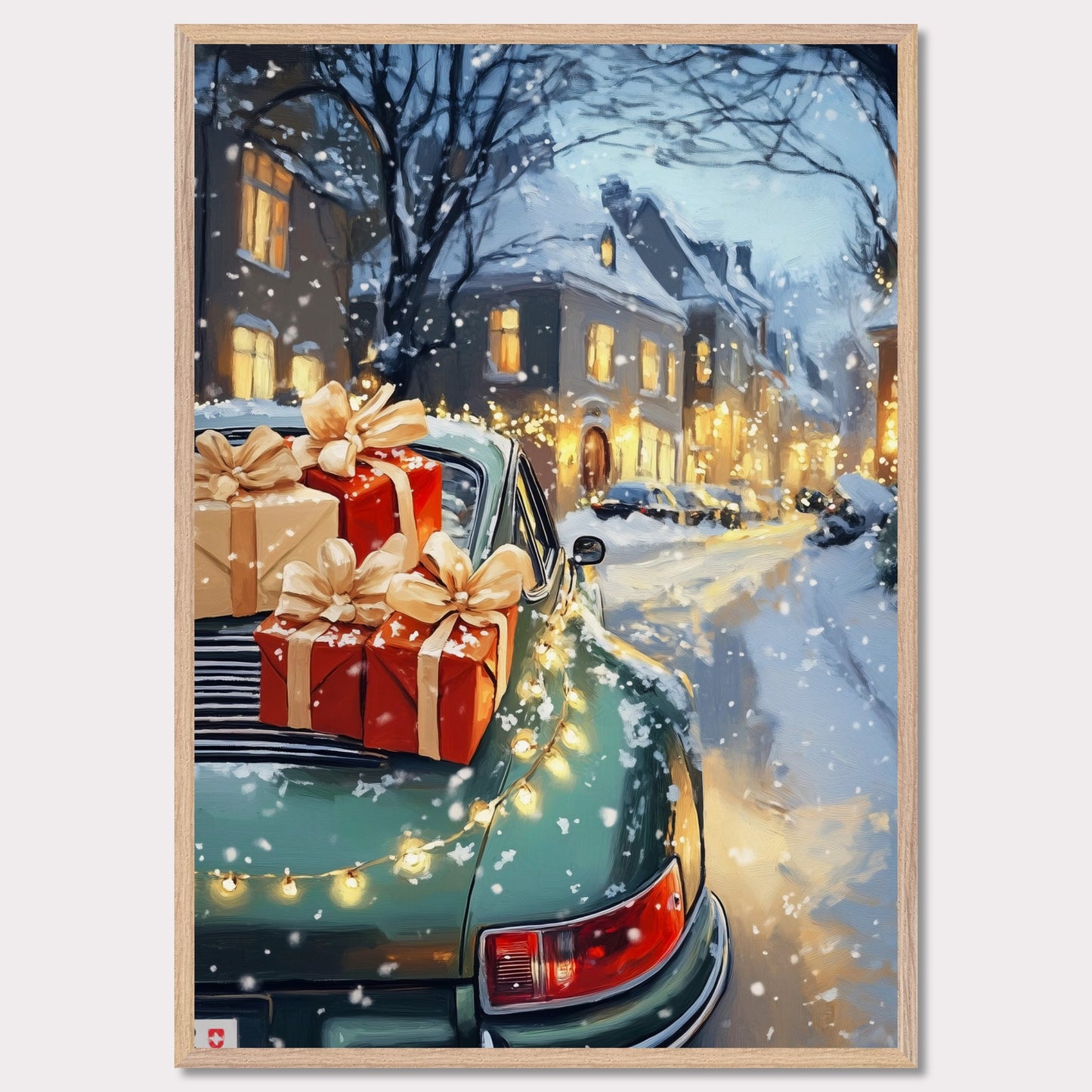 A cozy Christmas scene in Switzerland is captured in this enchanting poster. The focus is a beautiful Christmas tree adorned with lights, set in the heart of a charming town covered in snow. A Porsche, with festive gifts on the roof, adds a touch of luxury to this idyllic winter setting. The vintage typography "Christmas in Switzerland" evokes a sense of nostalgia and warmth, making it the perfect holiday decoration.