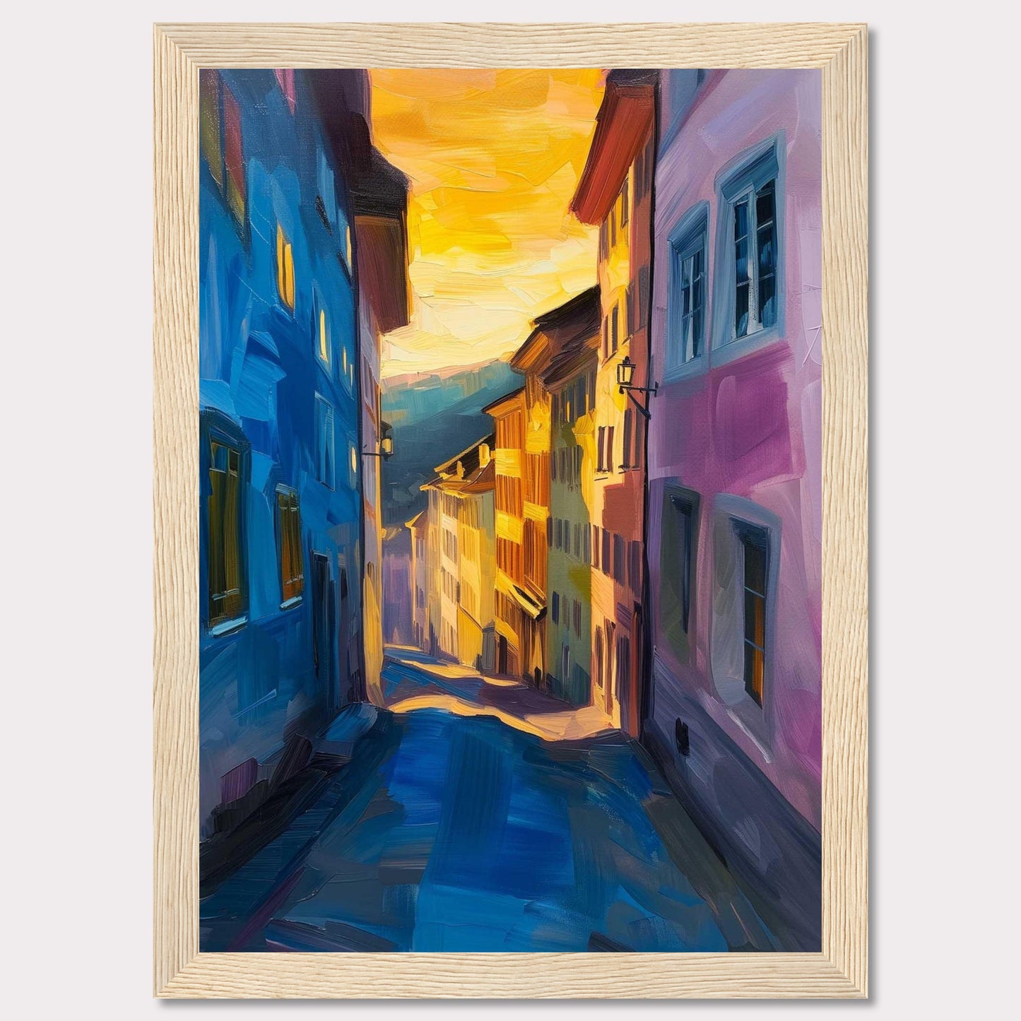 This vibrant painting captures a charming street scene bathed in the warm glow of a sunset. The artwork features colorful buildings, with hues of blue and pink dominating the foreground, while the background fades into golden tones. The narrow street creates a sense of depth, drawing the viewer's eye towards the distant horizon. The play of light and shadow adds a dynamic and lively feel to the piece.