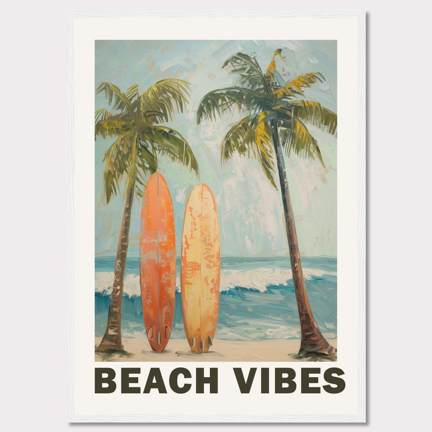 This vibrant artwork captures the essence of a perfect beach day. Two surfboards rest against tall palm trees, with waves crashing in the background and a clear sky above.