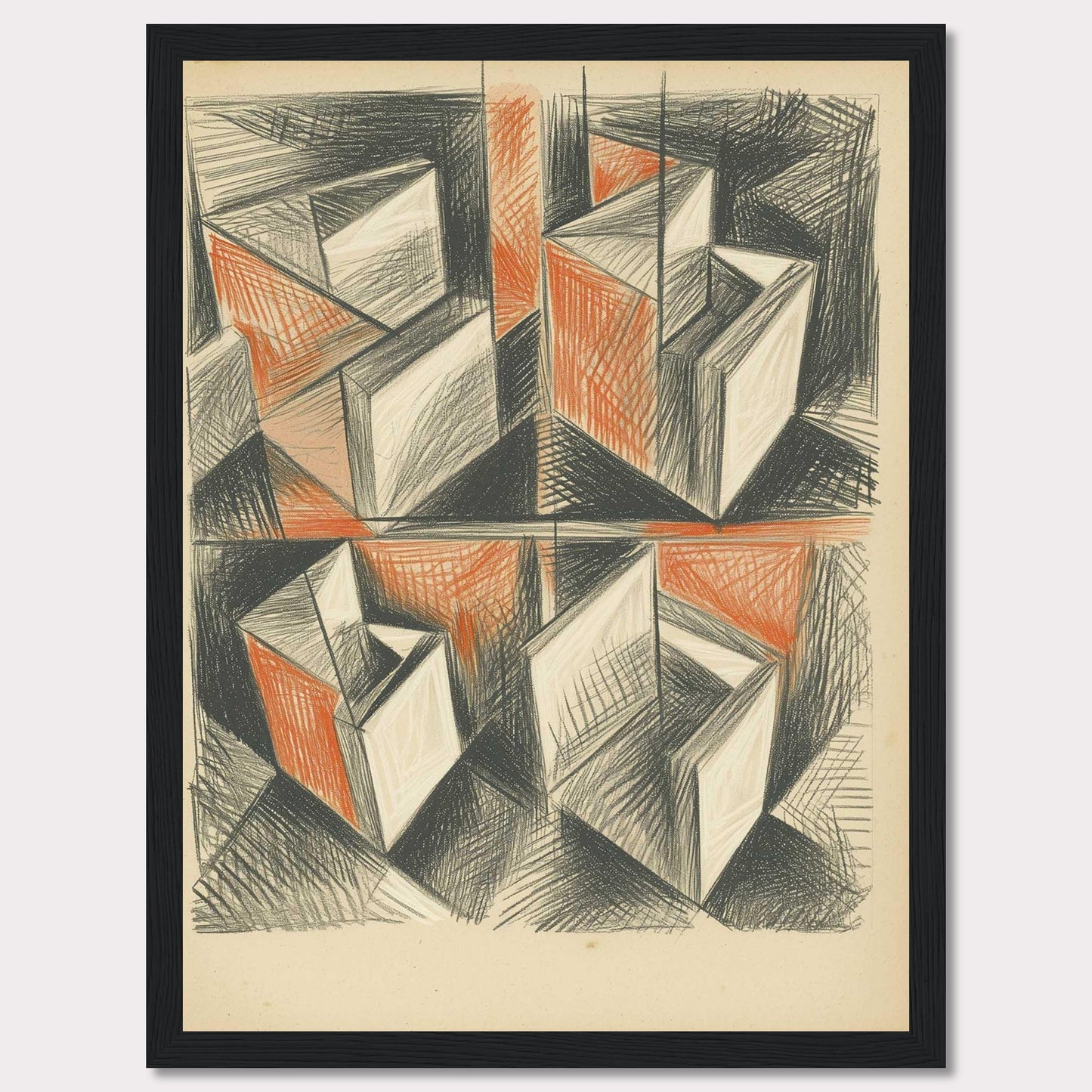 This artwork features an abstract geometric composition with intersecting shapes and lines. The use of black and orange tones creates a dynamic and intriguing visual effect.