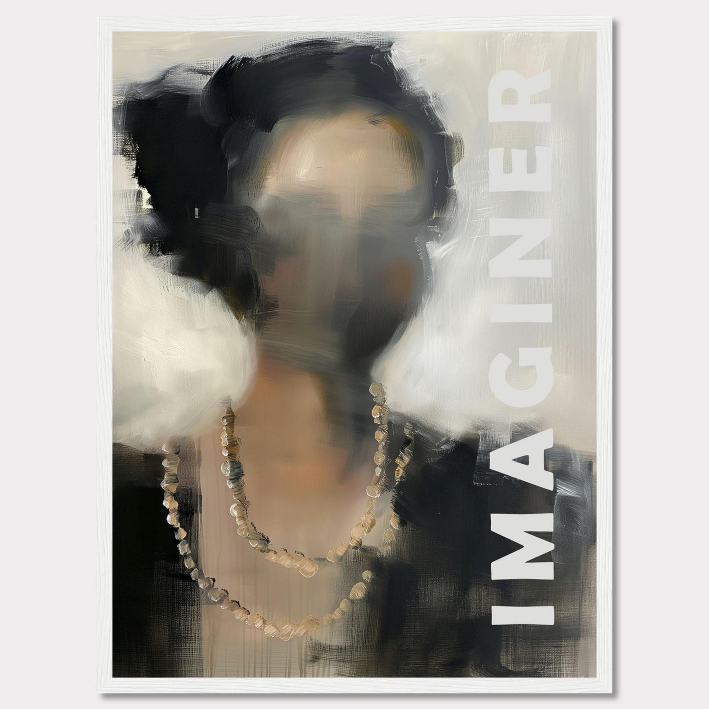 This captivating artwork features an abstract portrait of a person with blurred facial details, adorned with a beaded necklace. The word "IMAGINER" is prominently displayed along the right side, inviting viewers to envision their own interpretations.