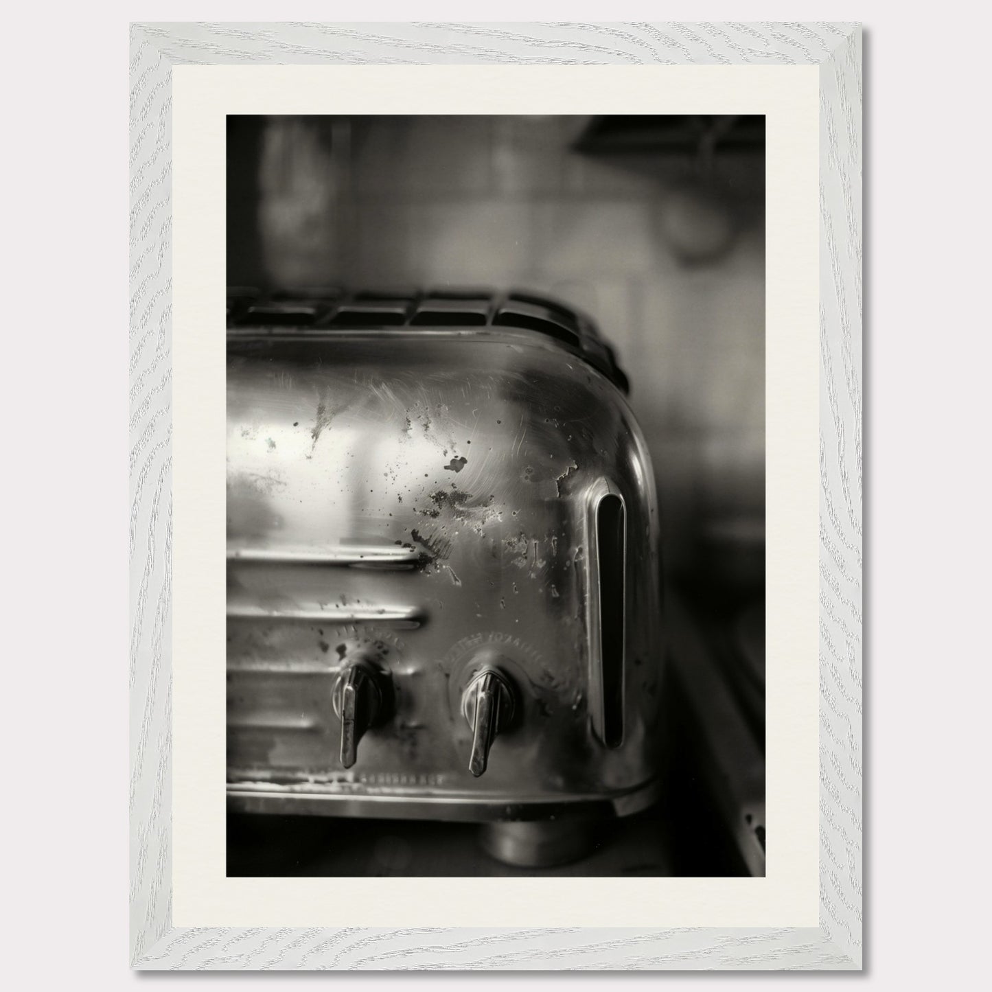 This illustration depicts a close-up view of a vintage toaster in black and white.