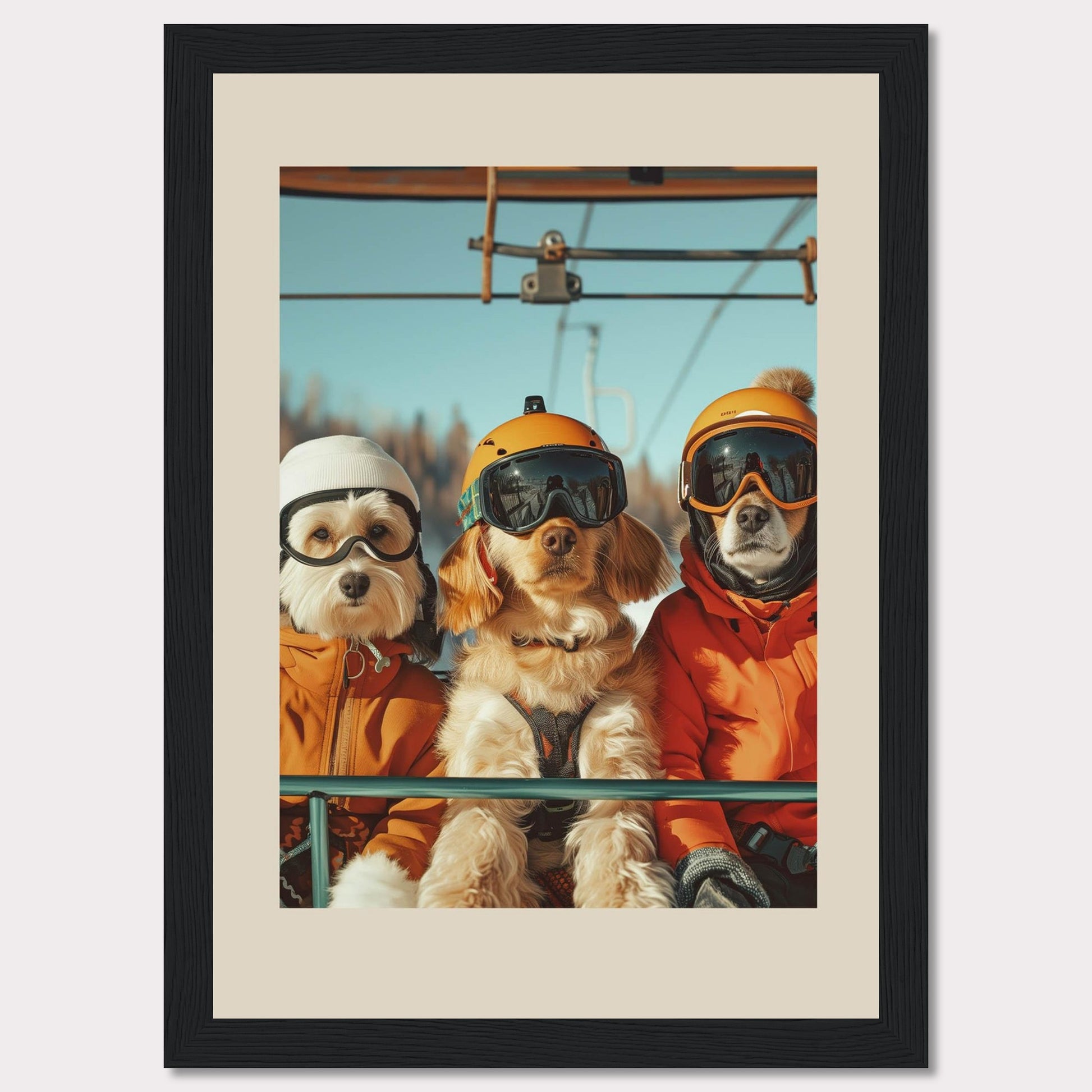 This charming photo features three adorable dogs dressed in winter gear, complete with helmets and goggles, enjoying a ride on a ski lift. The bright blue sky and snowy background add to the fun and adventurous atmosphere.