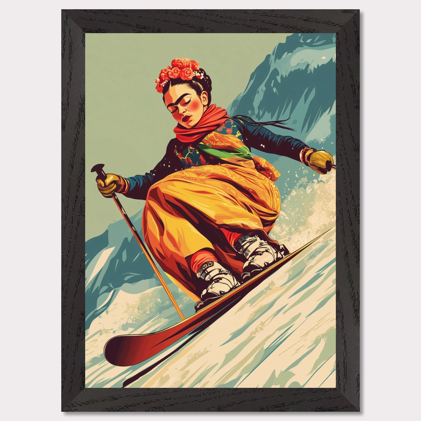 This captivating and artistic poster features Frida Kahlo skiing down a snow-covered slope, embracing both the thrill of winter sports and the vibrancy of her unique style. With a floral crown and colorful attire, Frida brings her creativity and strength to the slopes of the mountains, capturing the harmony between winter adventure and artistic expression. The retro color scheme adds to the vintage charm of the poster, making it a lively and powerful statement piece.