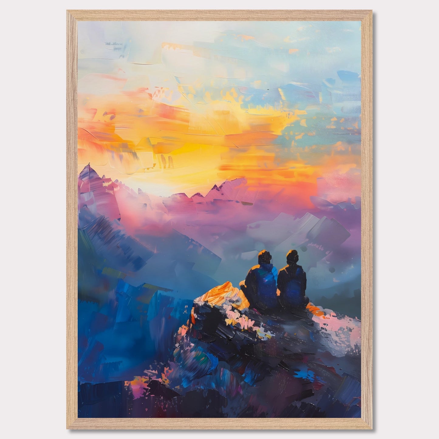 This is an illustration of two people sitting on a rocky cliff, overlooking a vibrant and colorful sunset or sunrise. The sky is painted with warm hues of orange, yellow, and pink, blending into cooler tones of blue and purple.