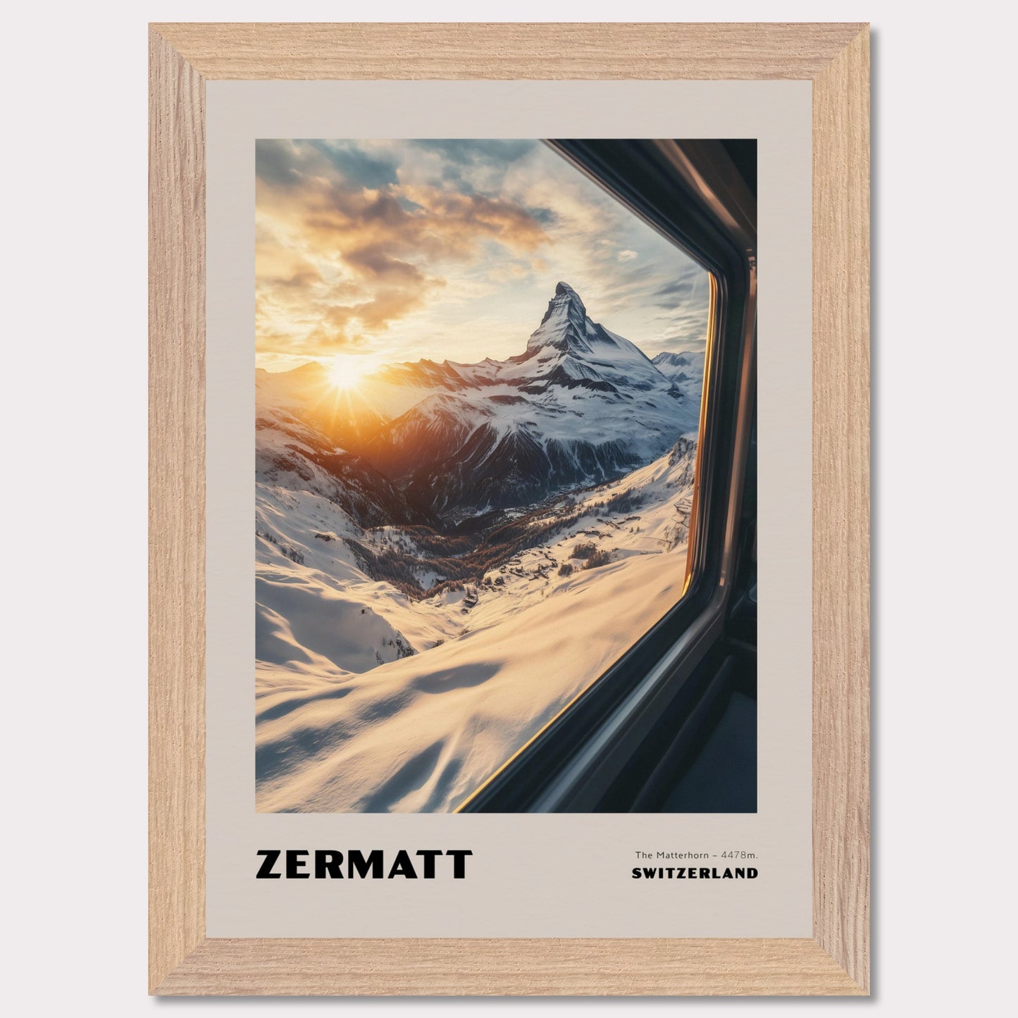 A stunning view of the Matterhorn bathed in golden sunset hues. Towering at 4478 meters, this legendary mountain has always drawn adventurers and travelers. The warm colors of the sunset create an extraordinary atmosphere, while the snow-covered slopes emphasize the purity and majesty of nature.