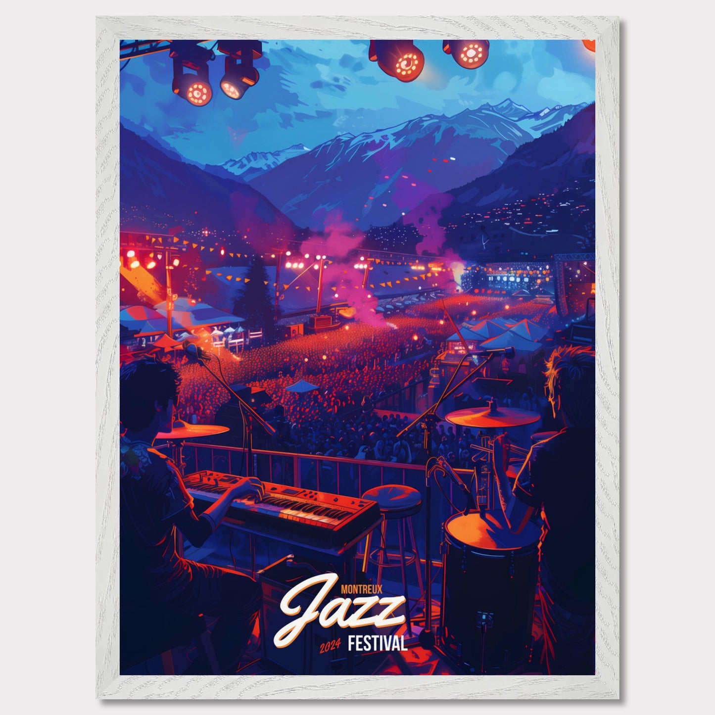 Experience the magic of the Montreux Jazz Festival 2024! This vibrant poster captures the essence of a live performance with a stunning mountain backdrop, colorful stage lights, and an enthusiastic crowd. Feel the rhythm, join the celebration, and be part of this unforgettable musical journey!