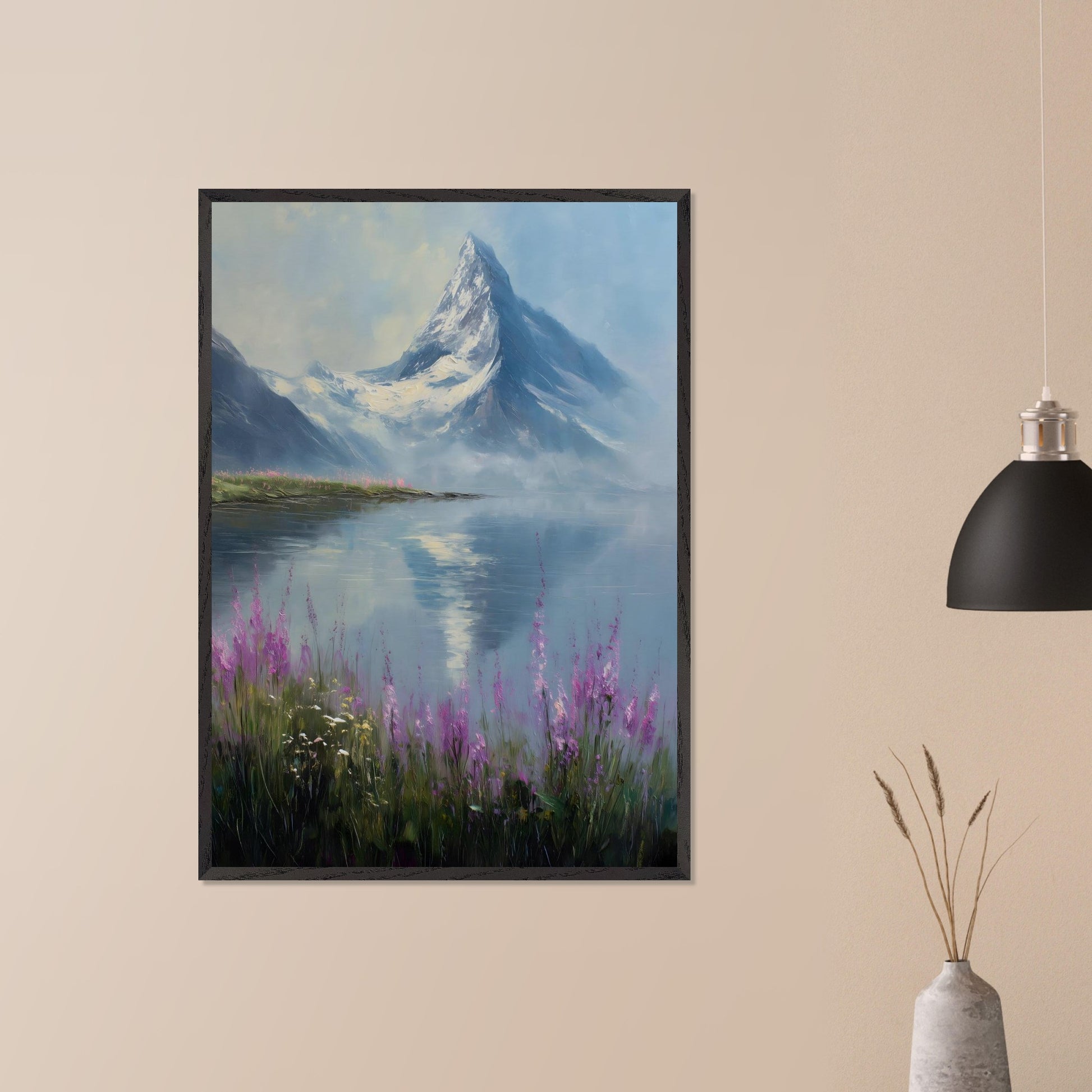 Snow-dusted Matterhorn rises over a lake fringed with fireweed in bloom. Reflections shimmer, colors merge in peace. This image is a mountain hush, an ode to bloom, ice, and awe.