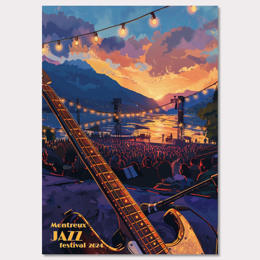 This vibrant poster captures the essence of the Montreux Jazz Festival 2024. Set against a breathtaking sunset over a serene lake, the scene is filled with an audience eagerly awaiting the performance. An electric guitar in the foreground hints at the musical magic to come, while string lights add a festive ambiance.