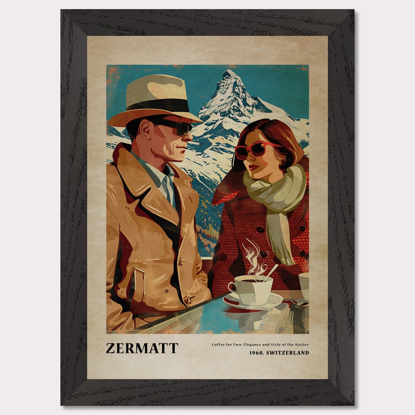 This vintage-style poster depicts a stylish couple enjoying coffee with a snowy mountain backdrop in Zermatt, Switzerland.