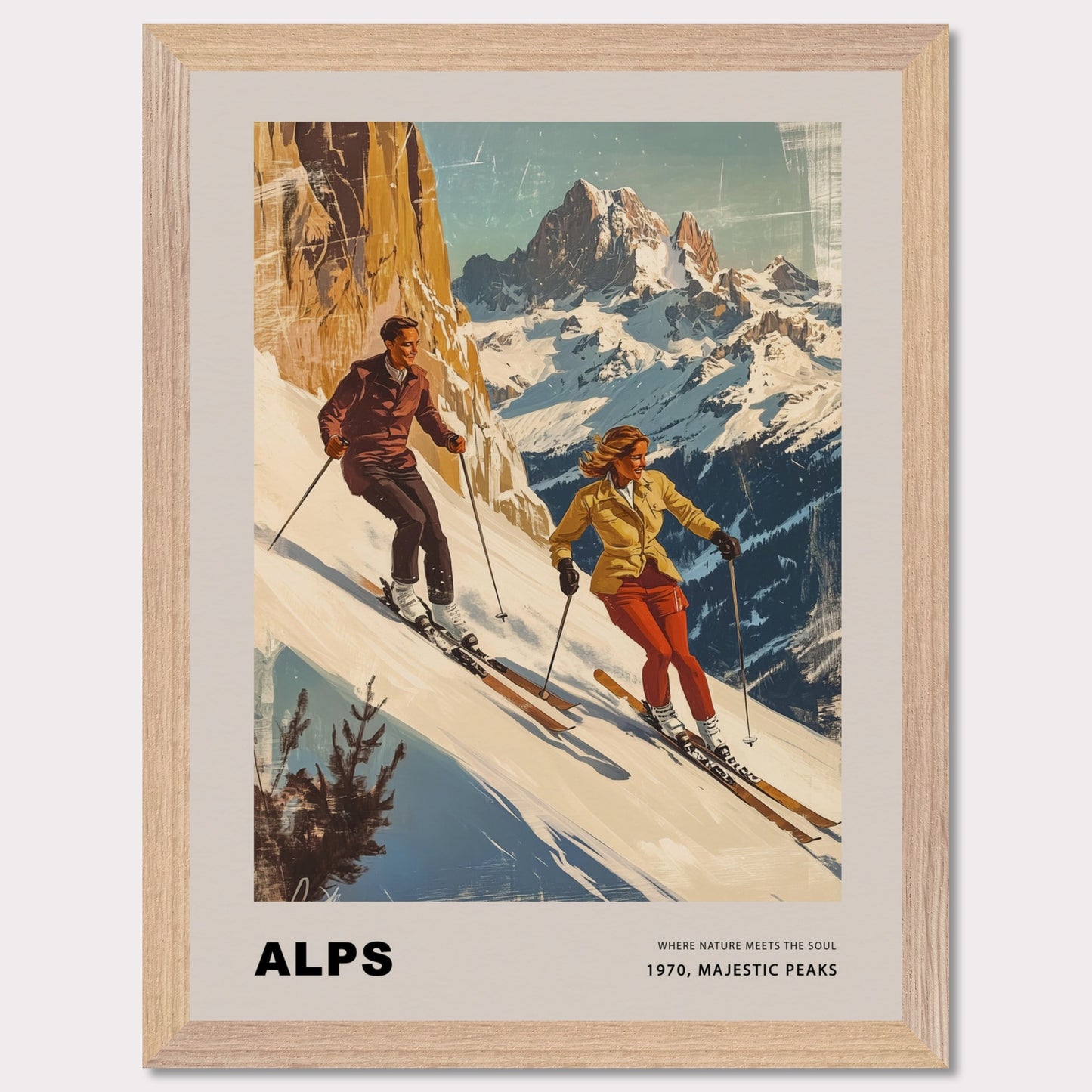 This striking vintage poster celebrates the grandeur of the Alps, depicting a dynamic pair of skiers descending snowy slopes with towering peaks in the background. Their confident movements against the crisp, majestic scenery capture the essence of alpine adventure. The warm, retro tones paired with the timeless typography evoke a sense of nostalgia and the spirit of mountain exploration.