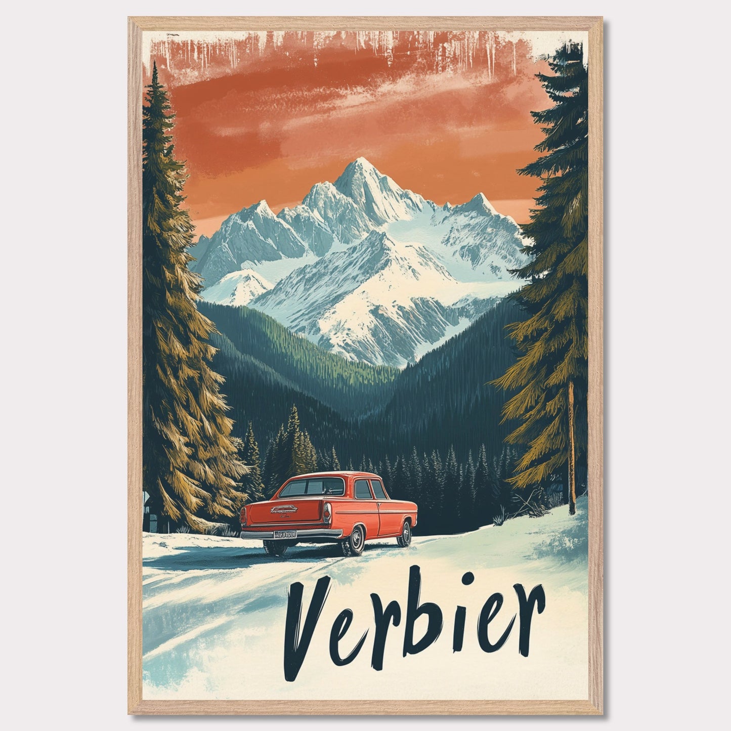 This striking retro-style poster depicts a vintage car driving through a snowy mountain landscape in Verbier. The red car stands out against the backdrop of majestic, snow-covered peaks and towering trees, with the warm orange hues of the sky adding to the nostalgic vibe. The vintage typography and artistic style evoke the allure of road trips through the Swiss Alps, offering a sense of freedom and adventure in a winter wonderland.