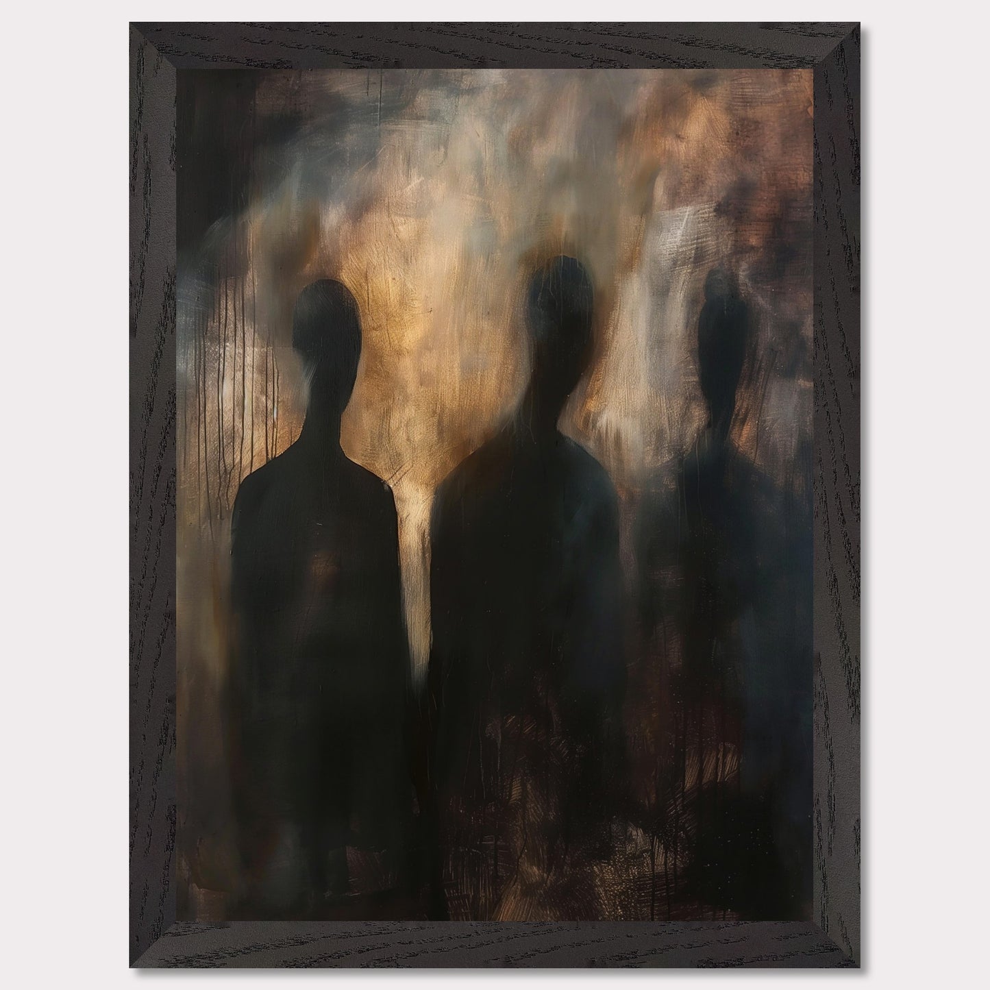 This evocative painting features three shadowy figures set against a smoky, abstract background. The use of dark and muted tones creates a mysterious and haunting atmosphere, inviting viewers to contemplate the unknown. The blending of colors and indistinct forms evoke emotions of intrigue and curiosity.