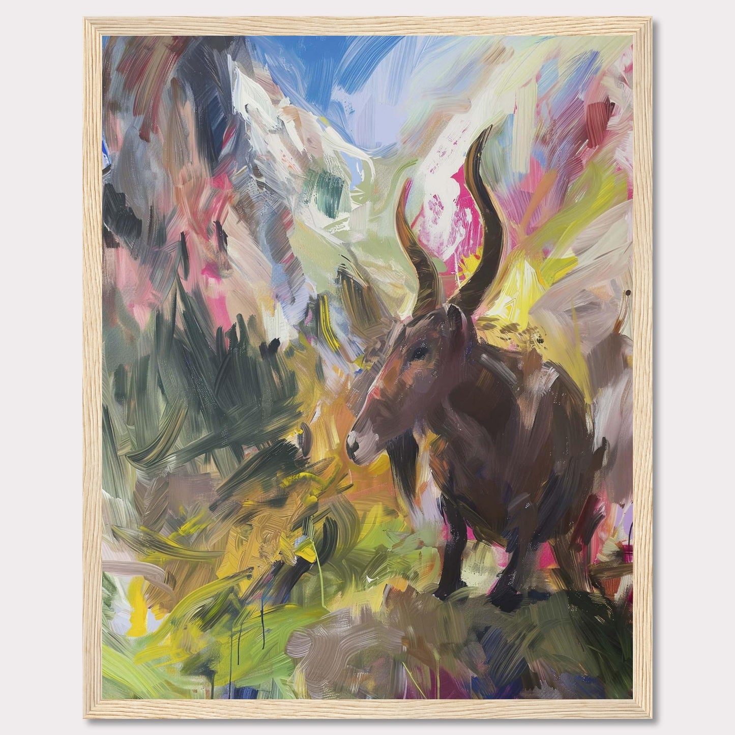 This vibrant painting captures a majestic animal with large horns standing amidst a colorful, abstract landscape. The background features dynamic brushstrokes of mountains, sky, and foliage, blending together in an explosion of colors.