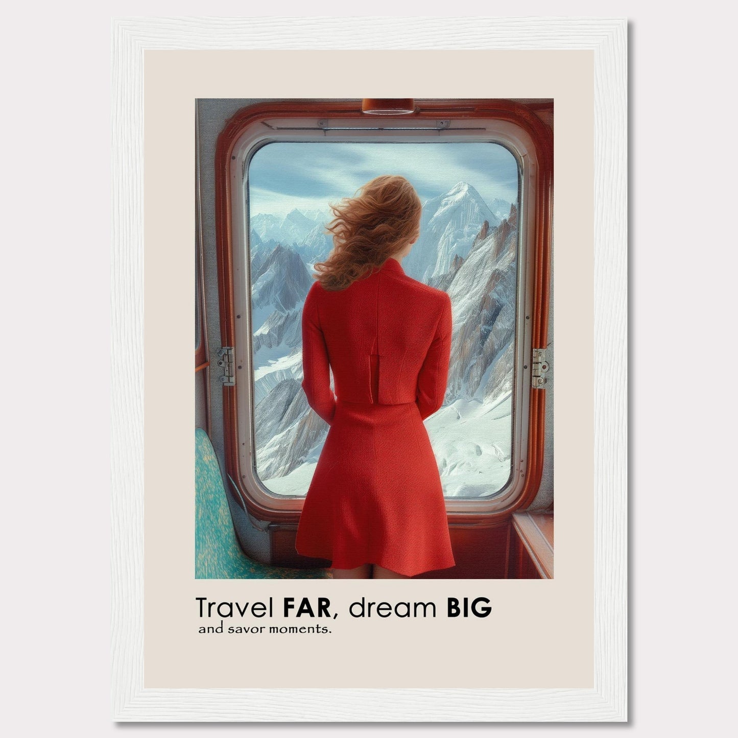 A woman in a red dress gazes out of a train window at majestic snow-covered mountains.