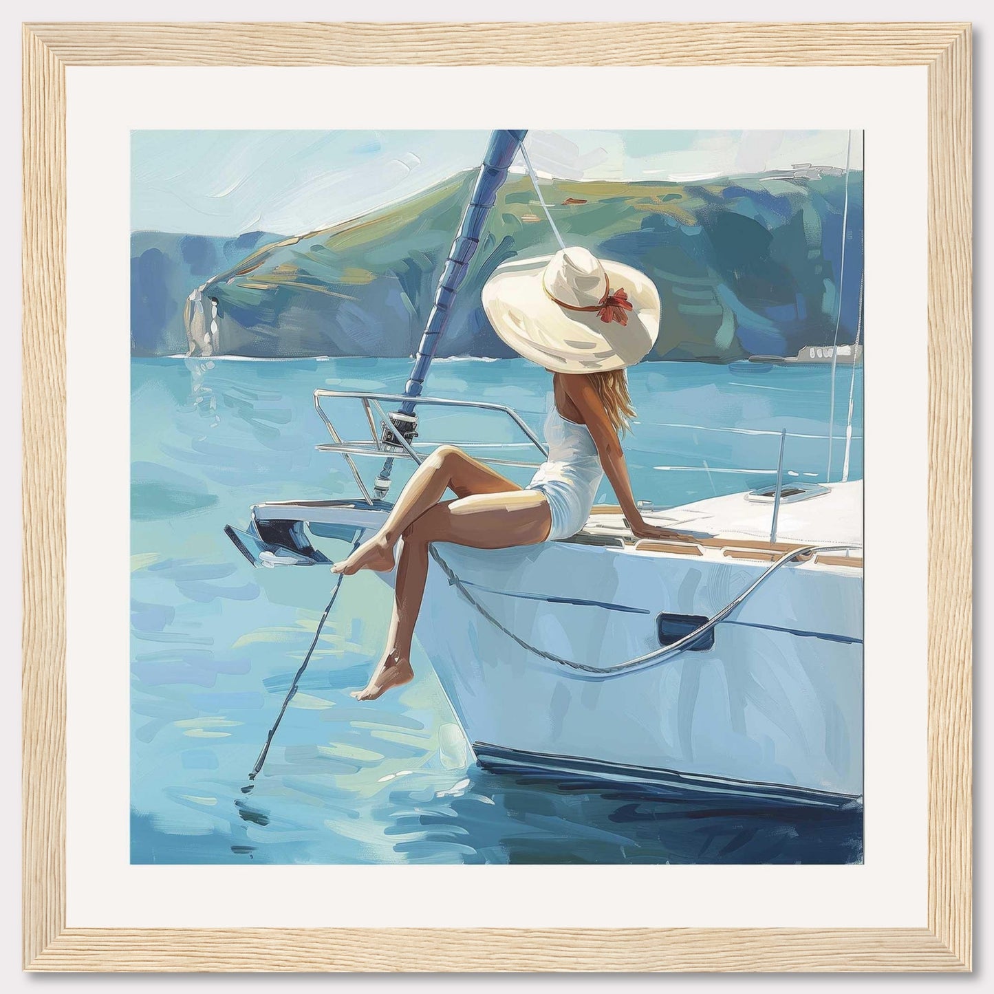 Immerse yourself in serenity with this stunning artwork of a woman lounging on a yacht, basking in the sun. The calm blue waters and picturesque coastal cliffs create a tranquil backdrop, while her wide-brimmed hat adds a touch of elegance.