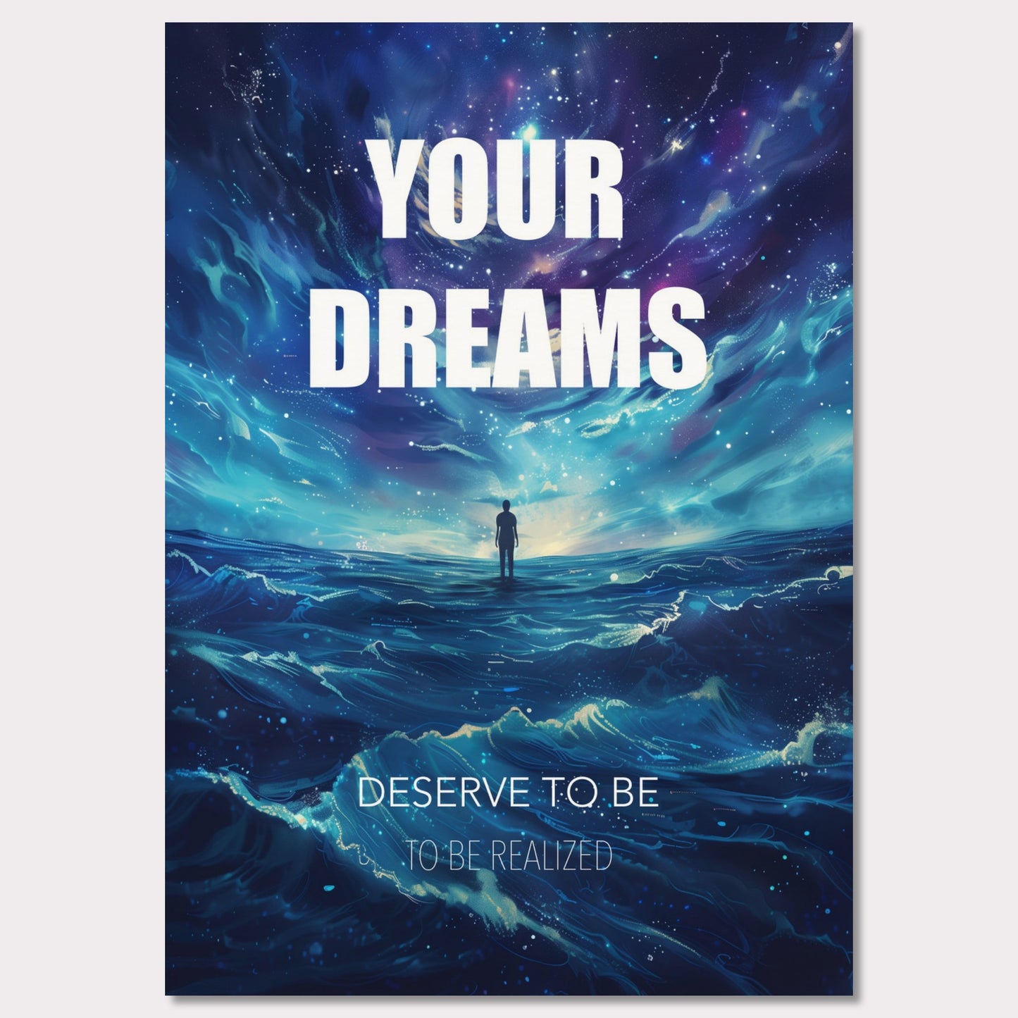 This image features an inspiring poster with a motivational message. The background depicts a surreal, cosmic landscape with a lone figure standing on water under a starry sky. The main text reads "YOUR DREAMS" in bold white letters, followed by "DESERVE TO BE" and "TO BE REALIZED" in smaller text below.