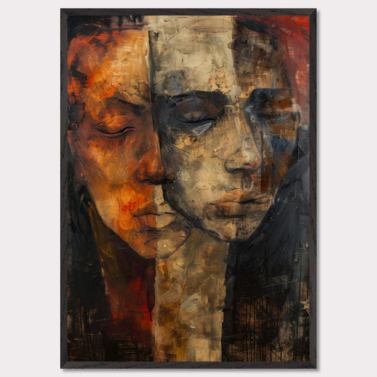 This captivating artwork features two abstract faces, blending seamlessly into one another. The painting is rich in texture and color, with a striking contrast between warm and cool tones. The faces appear to be in deep contemplation, evoking a sense of introspection and connection.