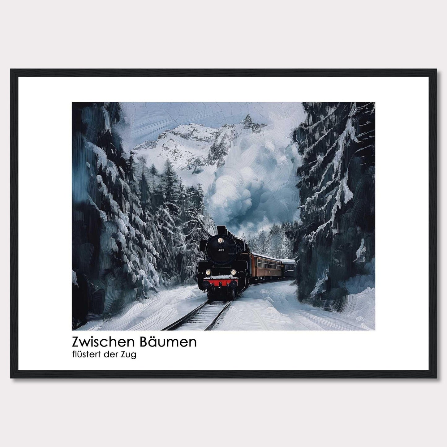 This captivating image depicts a steam train chugging through a snowy forest, with towering pine trees on either side and majestic snow-covered mountains in the background. The scene is serene and picturesque, capturing the essence of winter wonderland.